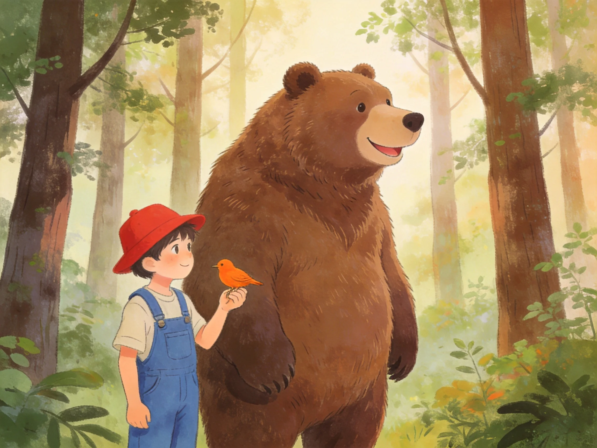 Boy in blue overalls with red hat, large brown bear, orange bird in sunlit forest
