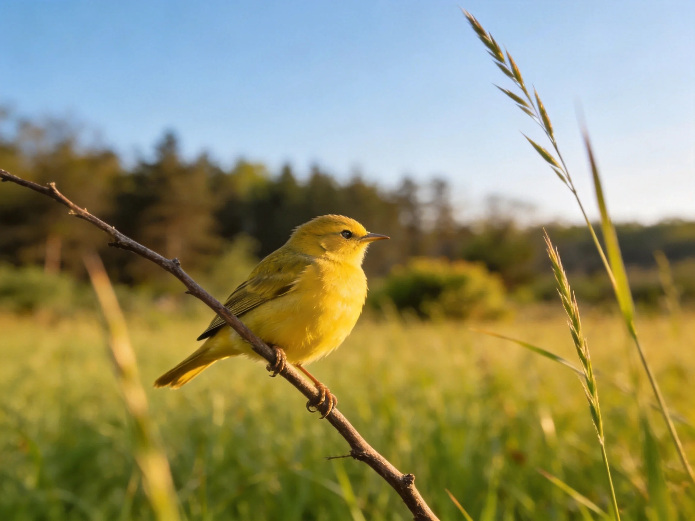 Bright yellow bird perched on thin branch in sunlit meadow