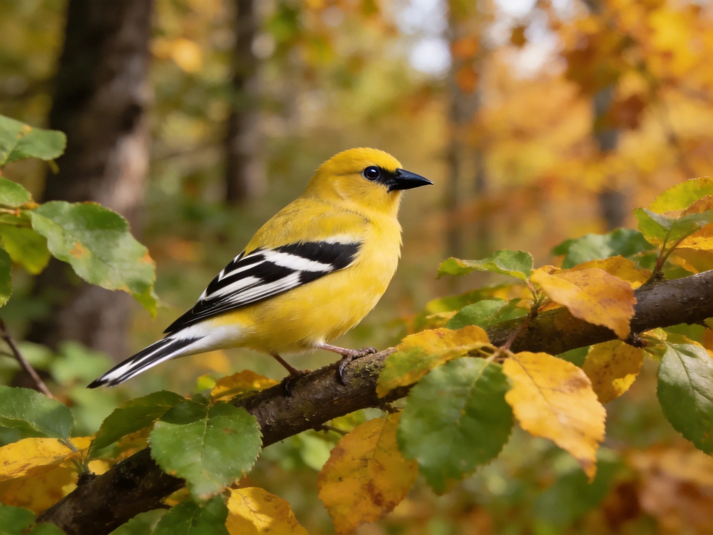 Bright yellow bird with black-white wing stripes on autumn branch