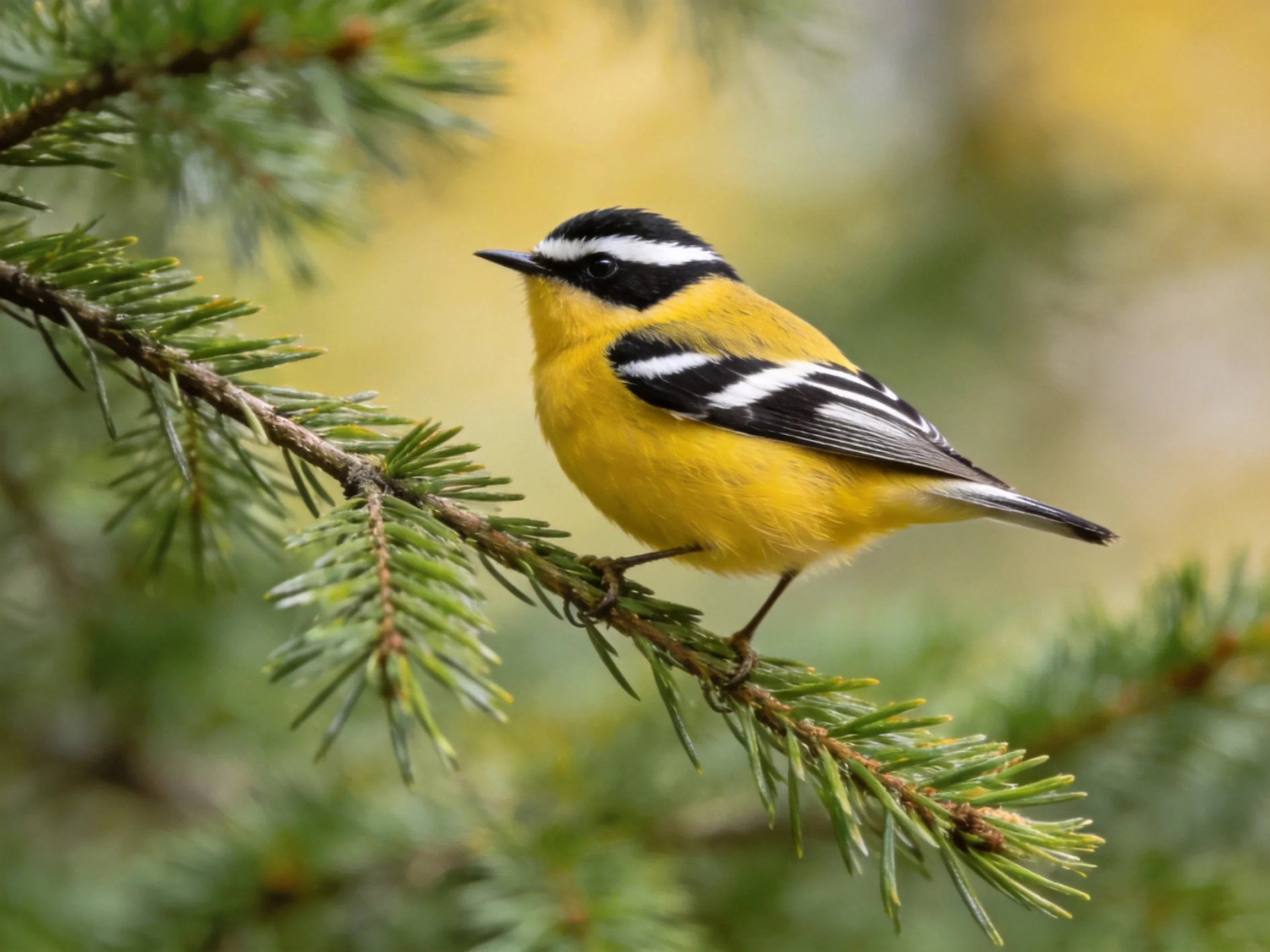 Yellow and black striped warbler rests on pine branch.
