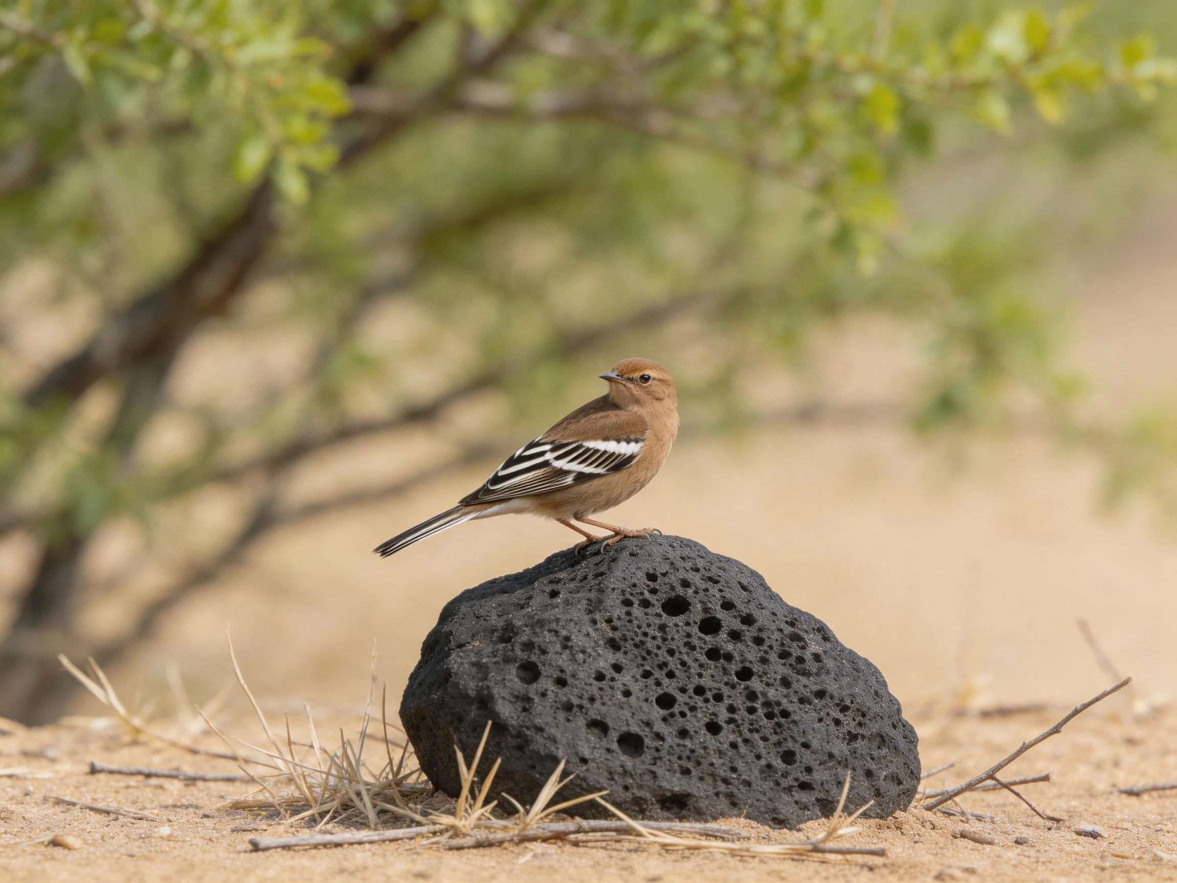 A brown bird rests on a porous rock in a sunlit natural setting with greenery.