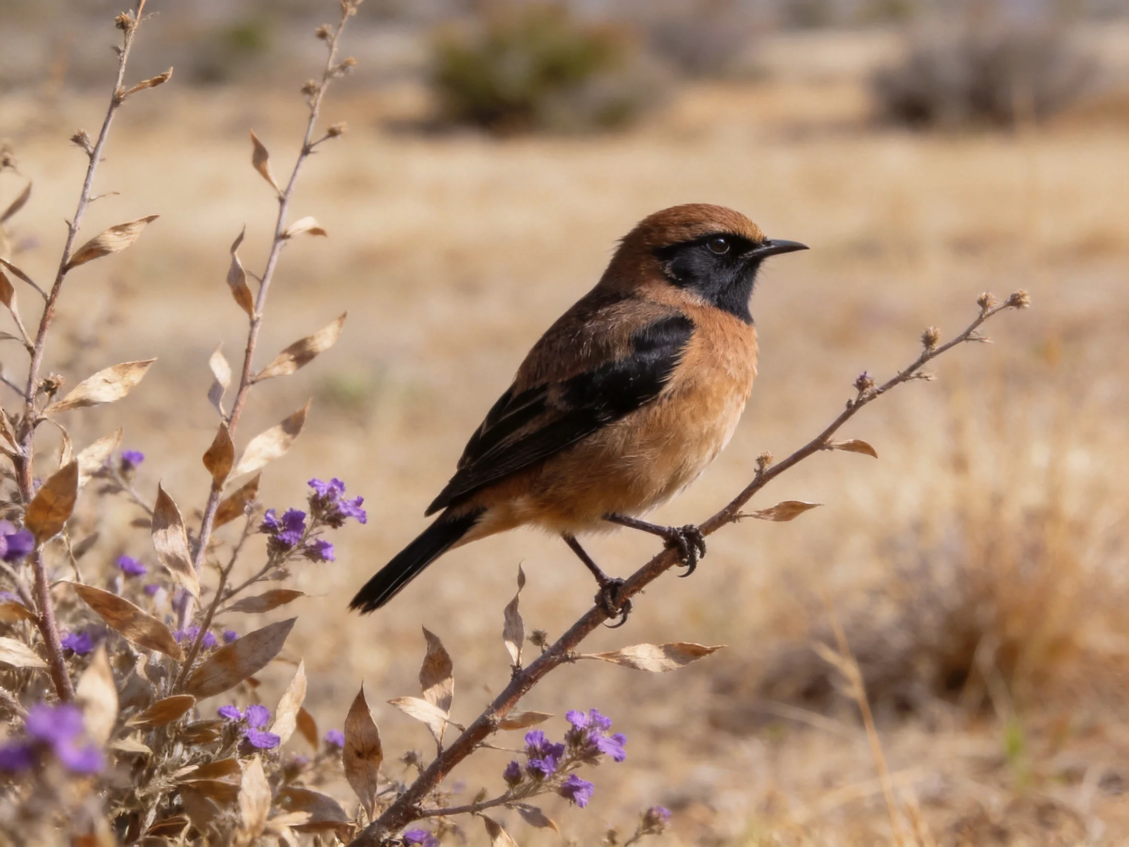 Brown and black bird perched on dry branch with purple flowers