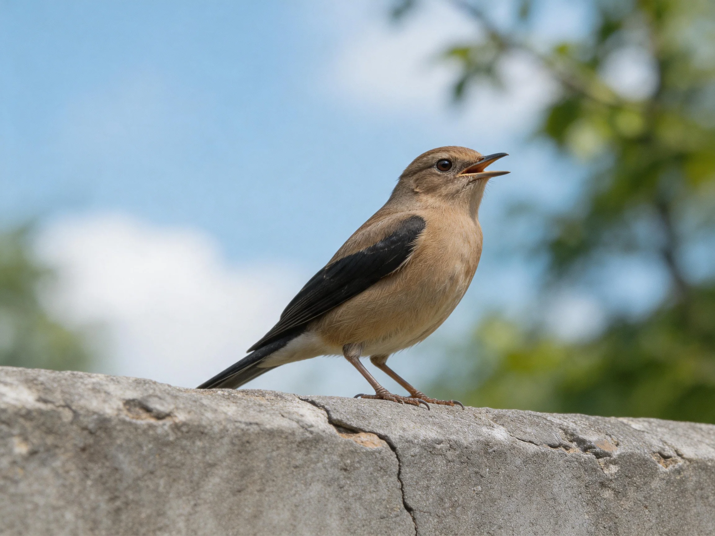Brown and black bird perched on weathered stone ledge