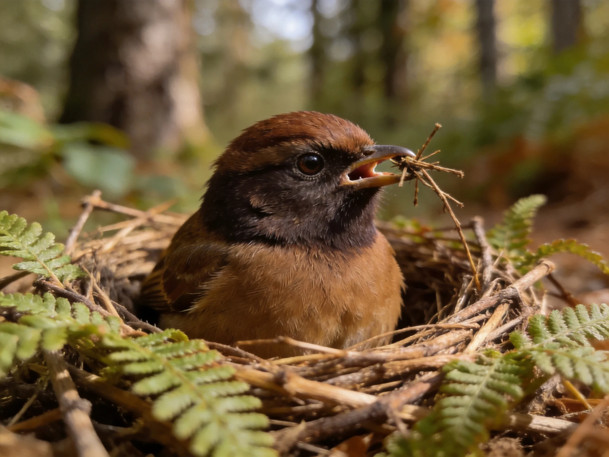 Brown and black songbird gathering twigs in a forest nest