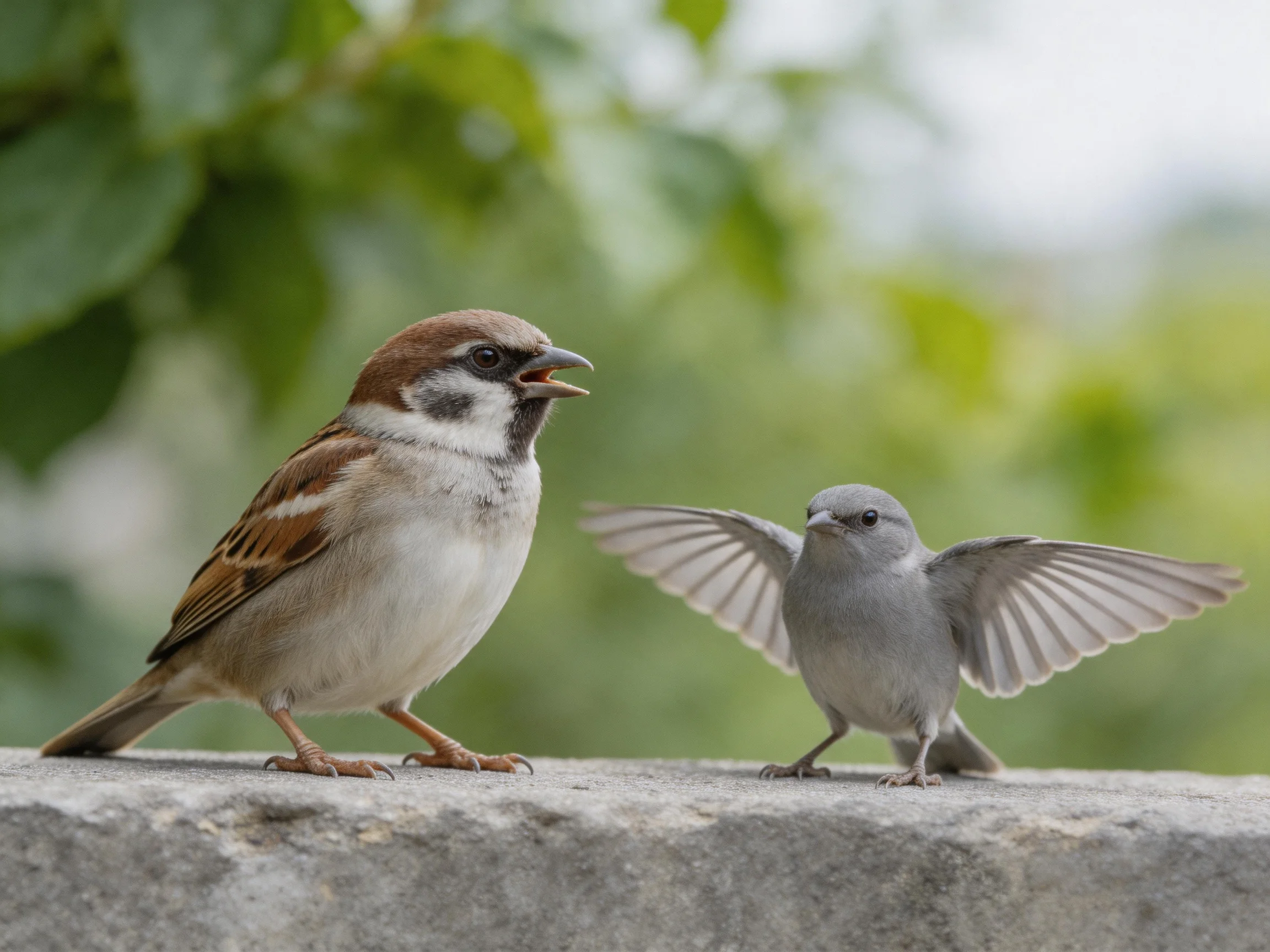 Brown and gray sparrows interact on a stone ledge amid greenery