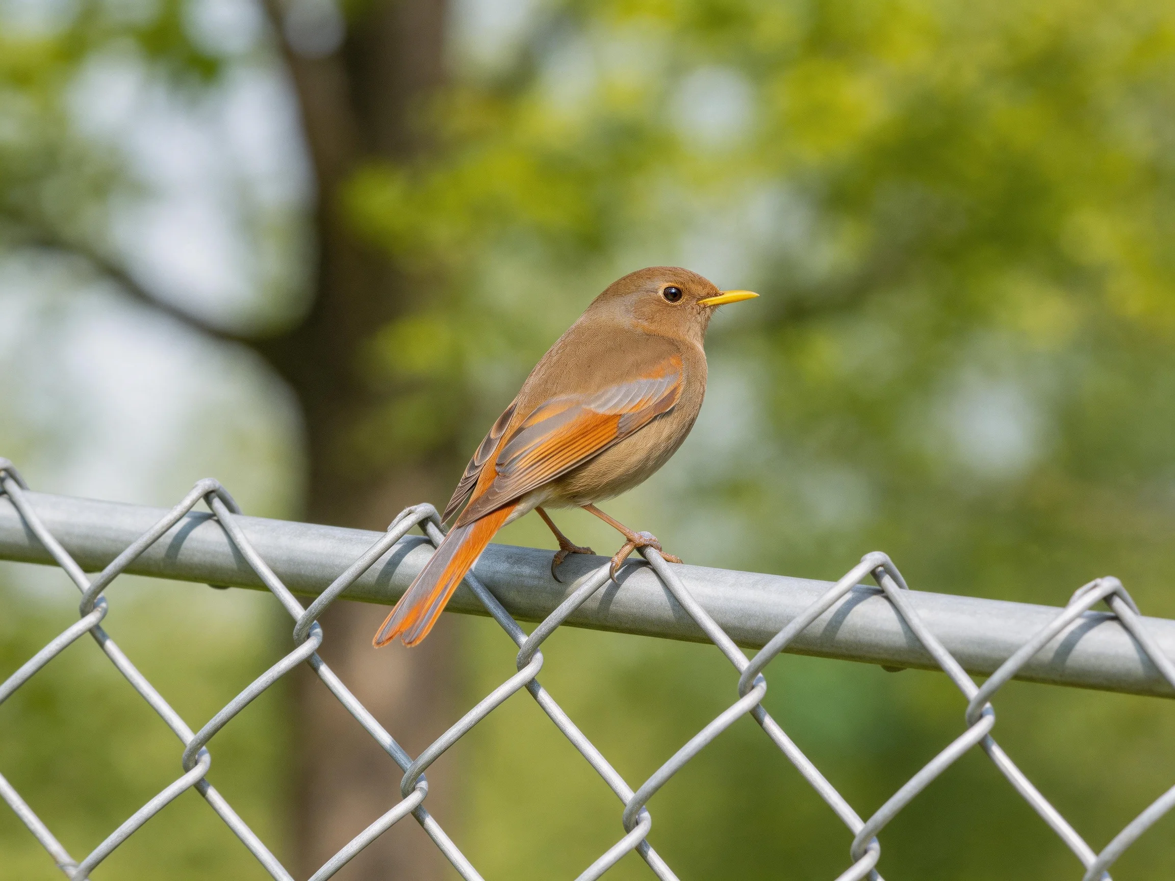 Brown and orange bird perched on silver chain link fence