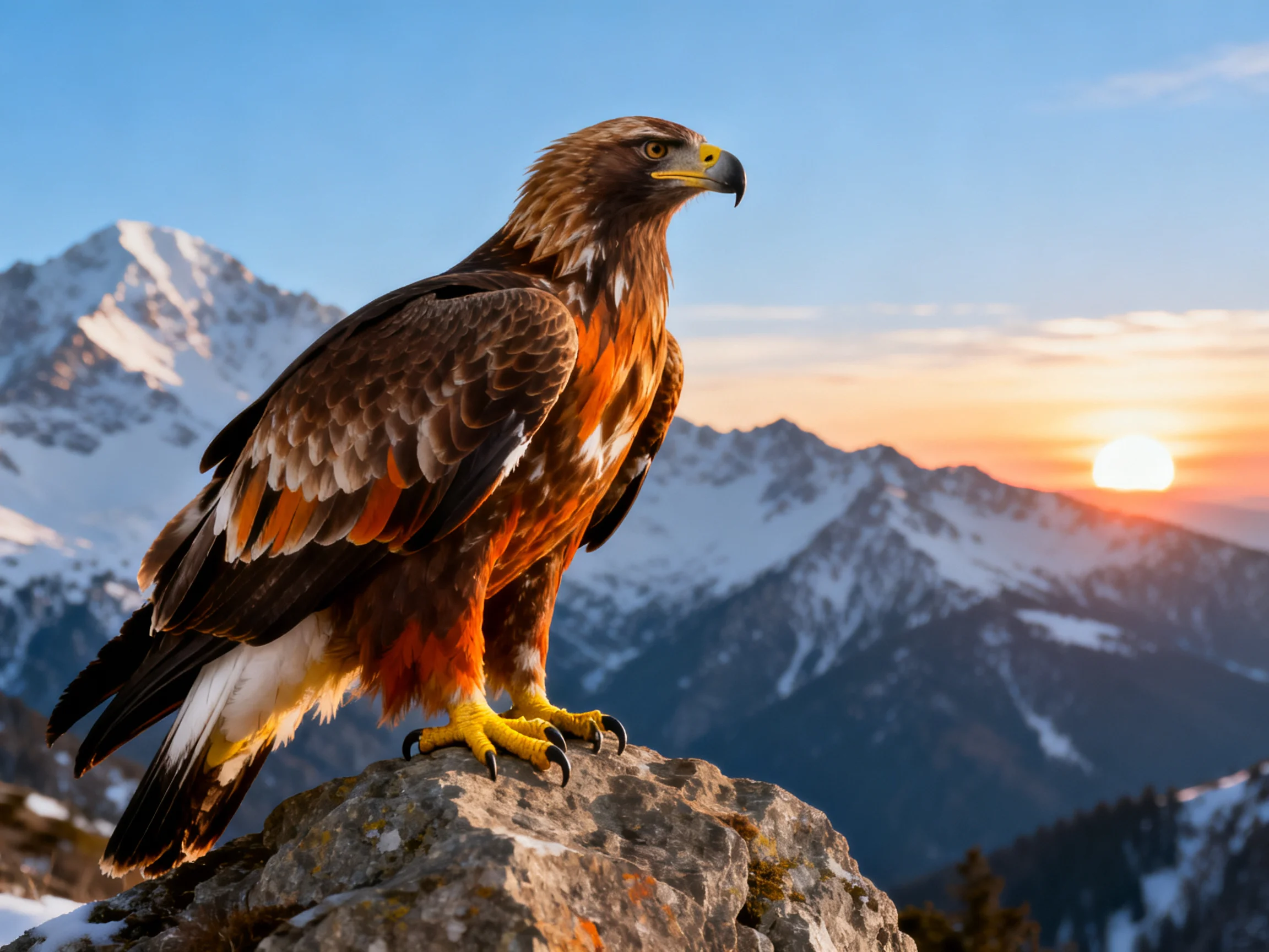 An eagle with brown and orange plumage sits on a rock next to snow - covered mountains as the sun sets.