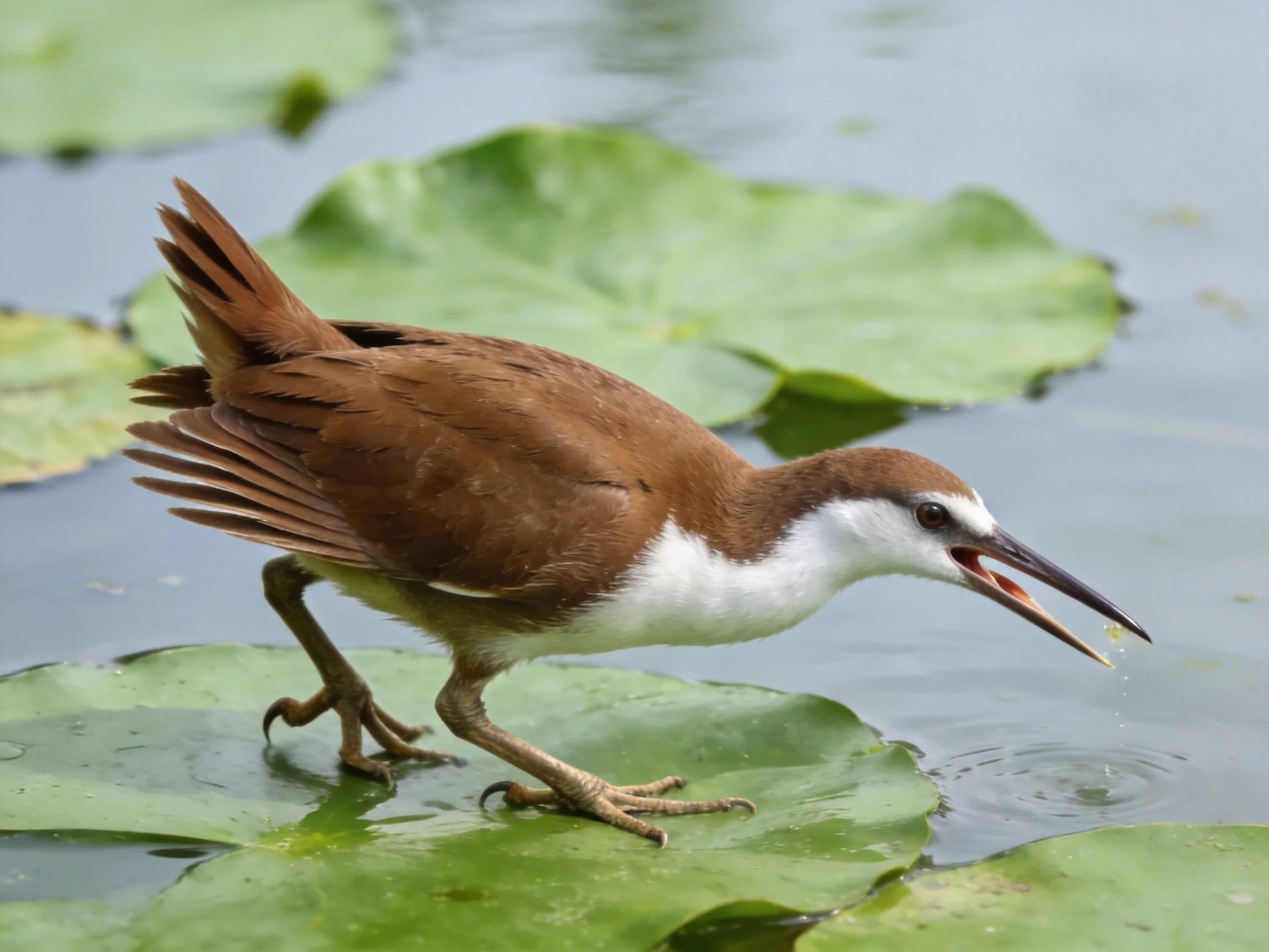 Brown and white bird foraging on green water lily pads