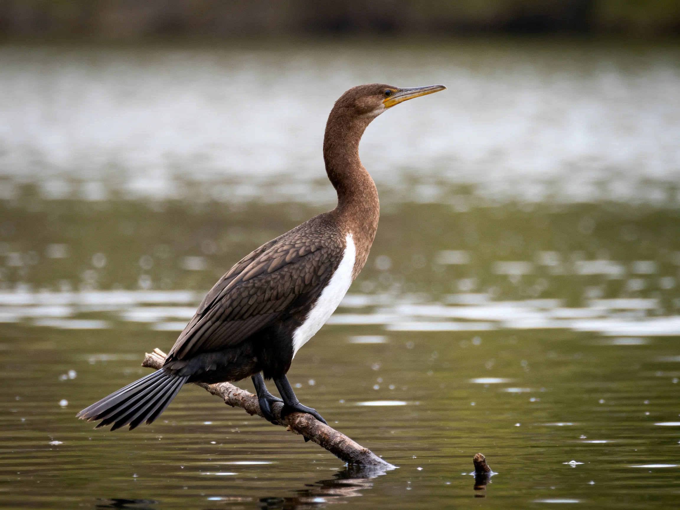 A brown and white bird perches on a branch above calm water