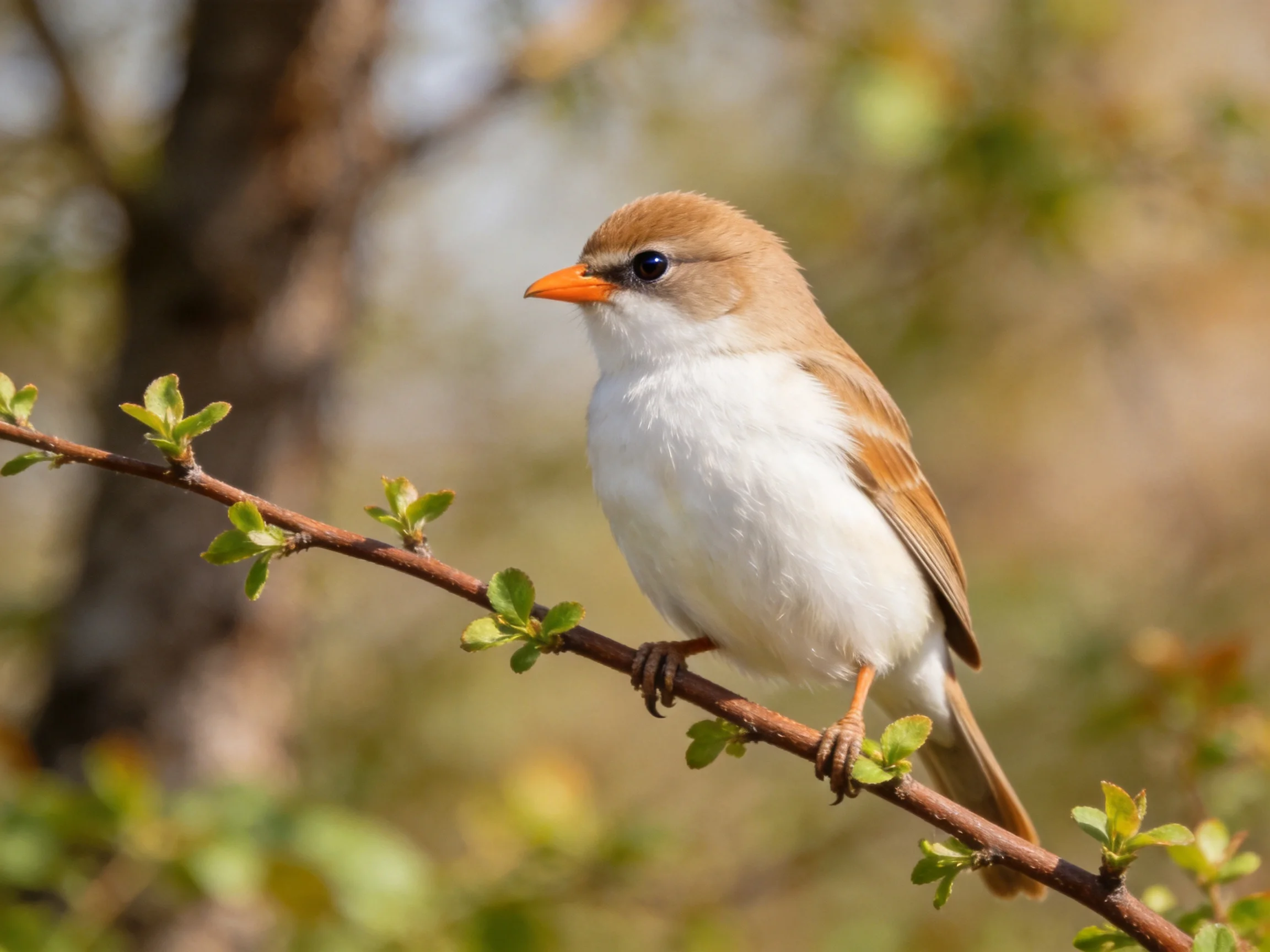 Brown and white bird with orange beak perches on a leafy branch