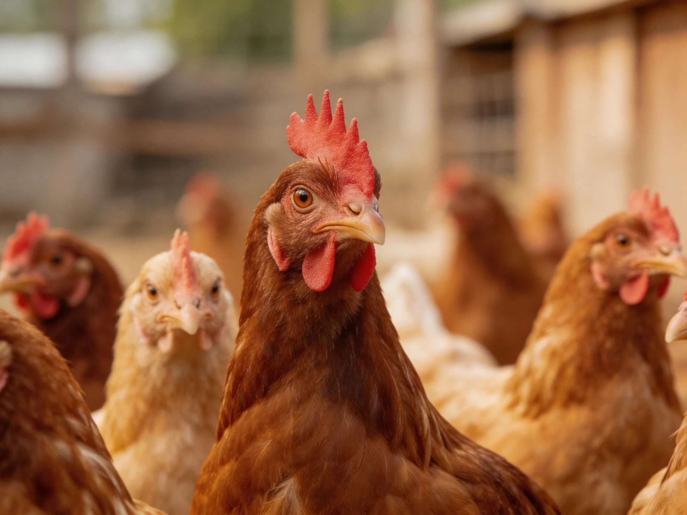 Brown and white chickens clustered near a rustic farm structure