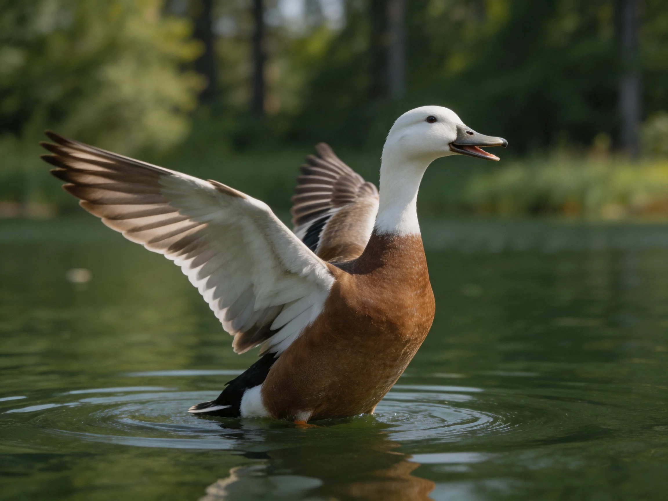 Brown and white duck flapping wings in calm water