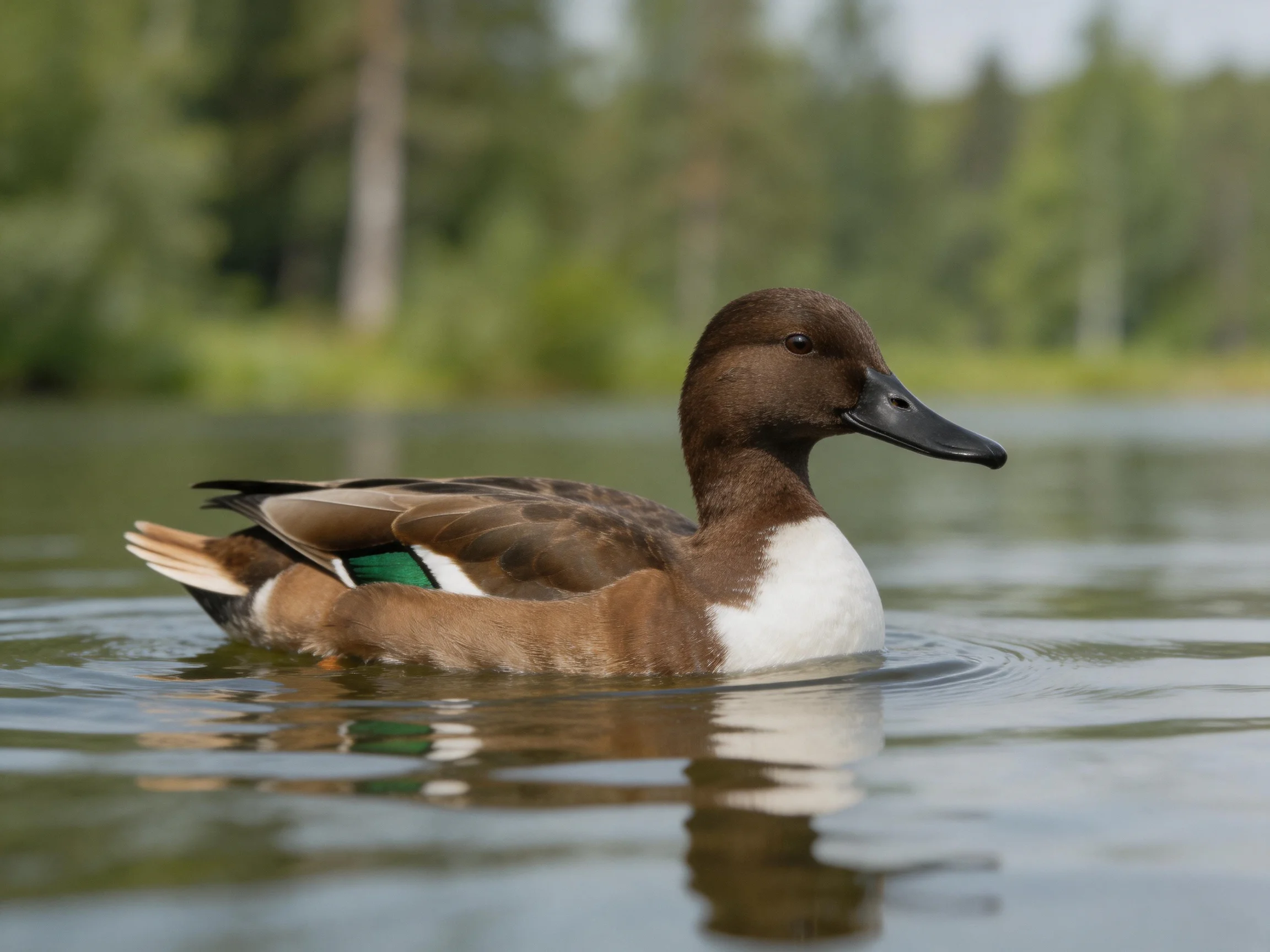 Brown and white duck gliding on calm water with greenery backdrop