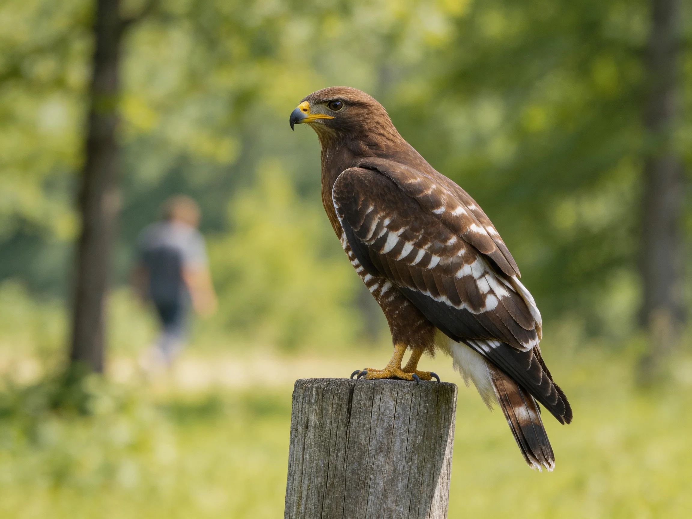 Brown and white hawk perched on weathered wooden post