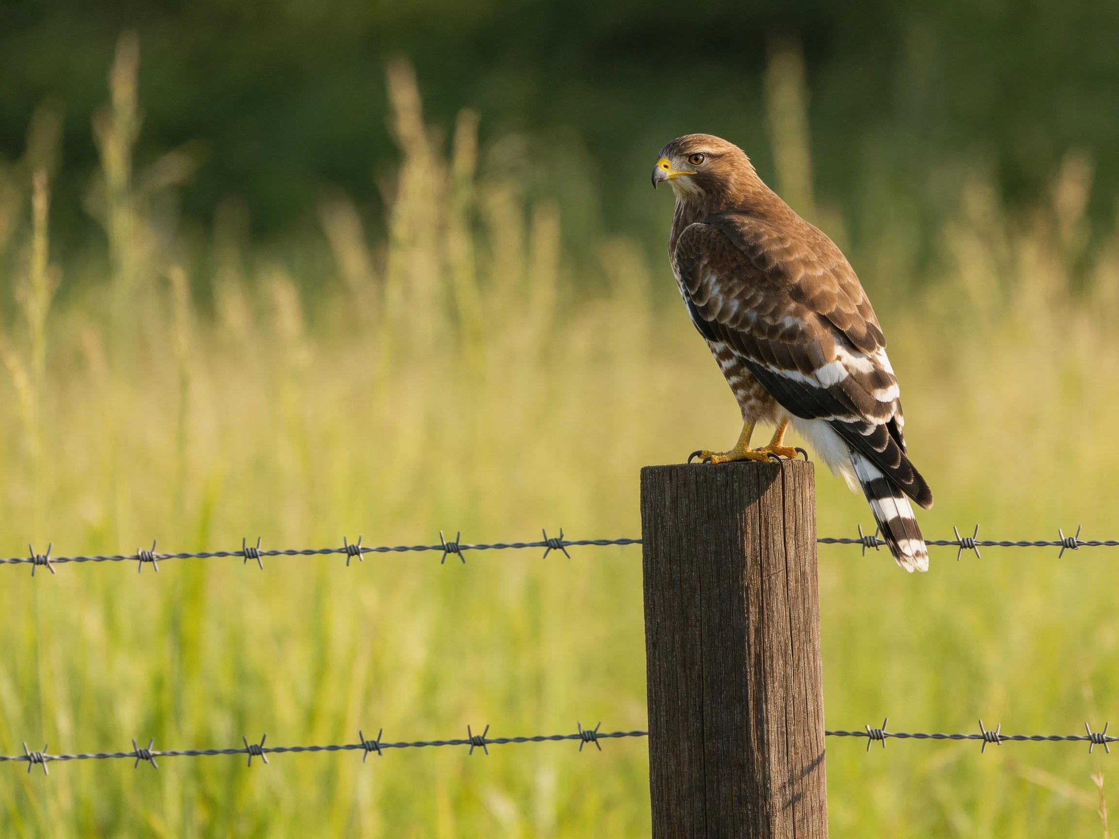 Brown and white hawk perched on wooden fence post with barbed wire