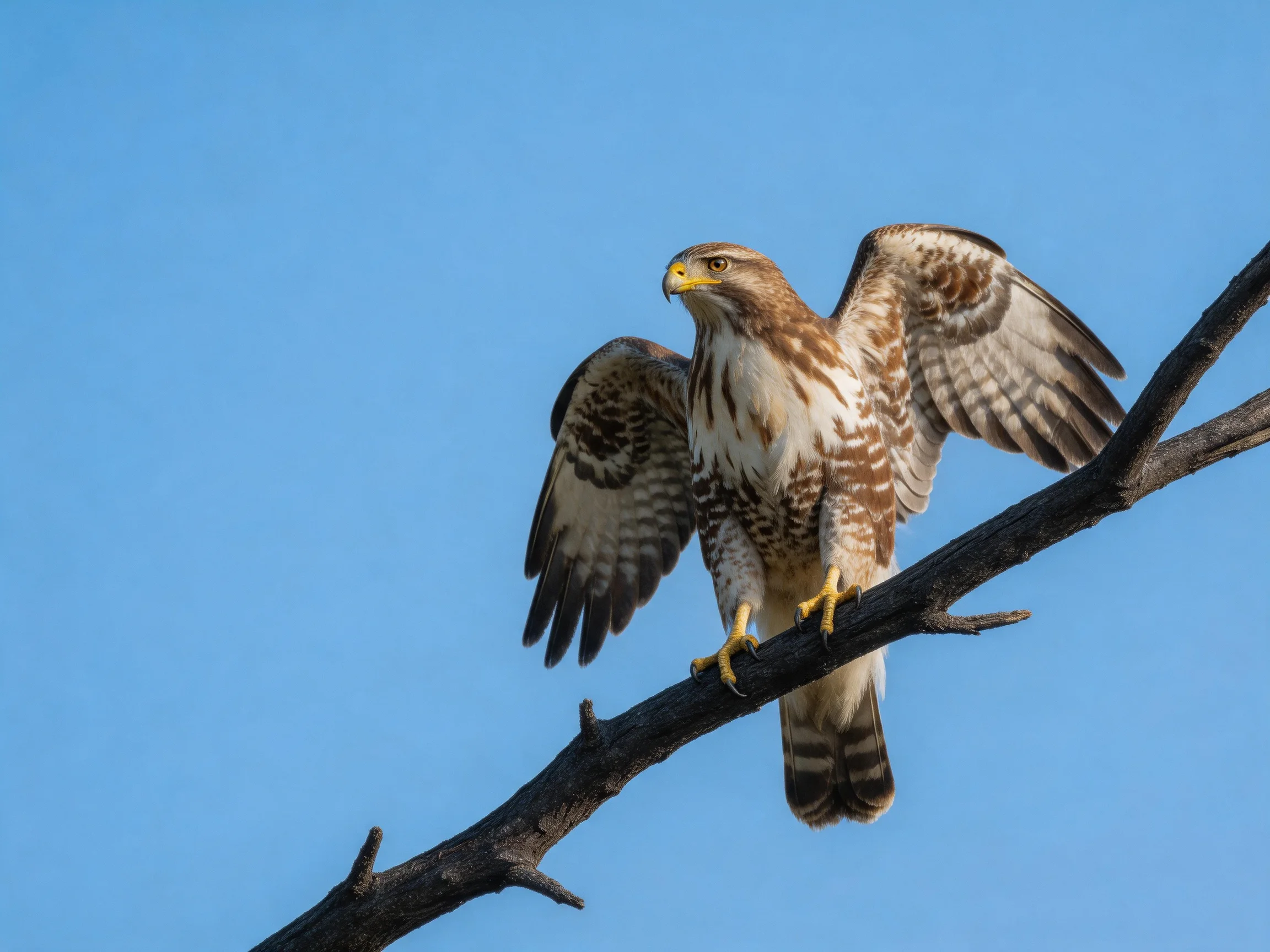 Brown and white hawk spreading wings on a bare tree branch