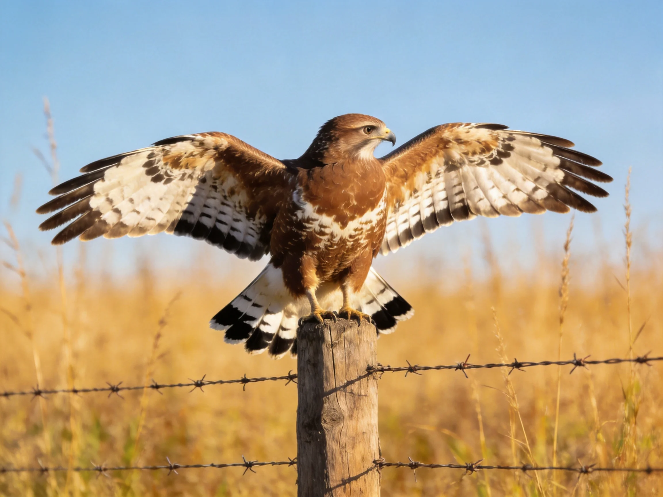 Brown and white hawk spreads wings on wooden fence post