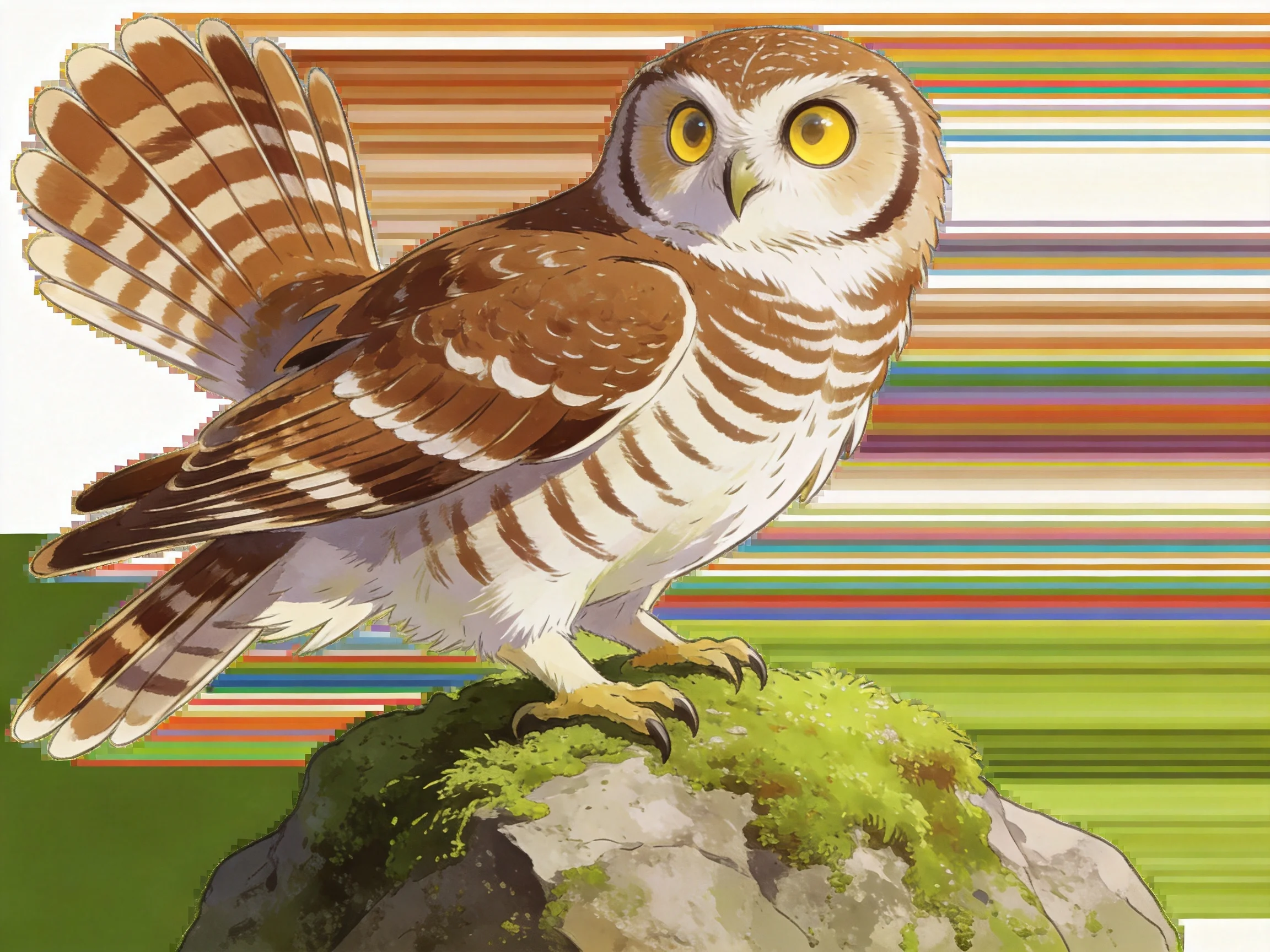 Brown and white owl on moss-covered rock with colorful striped background