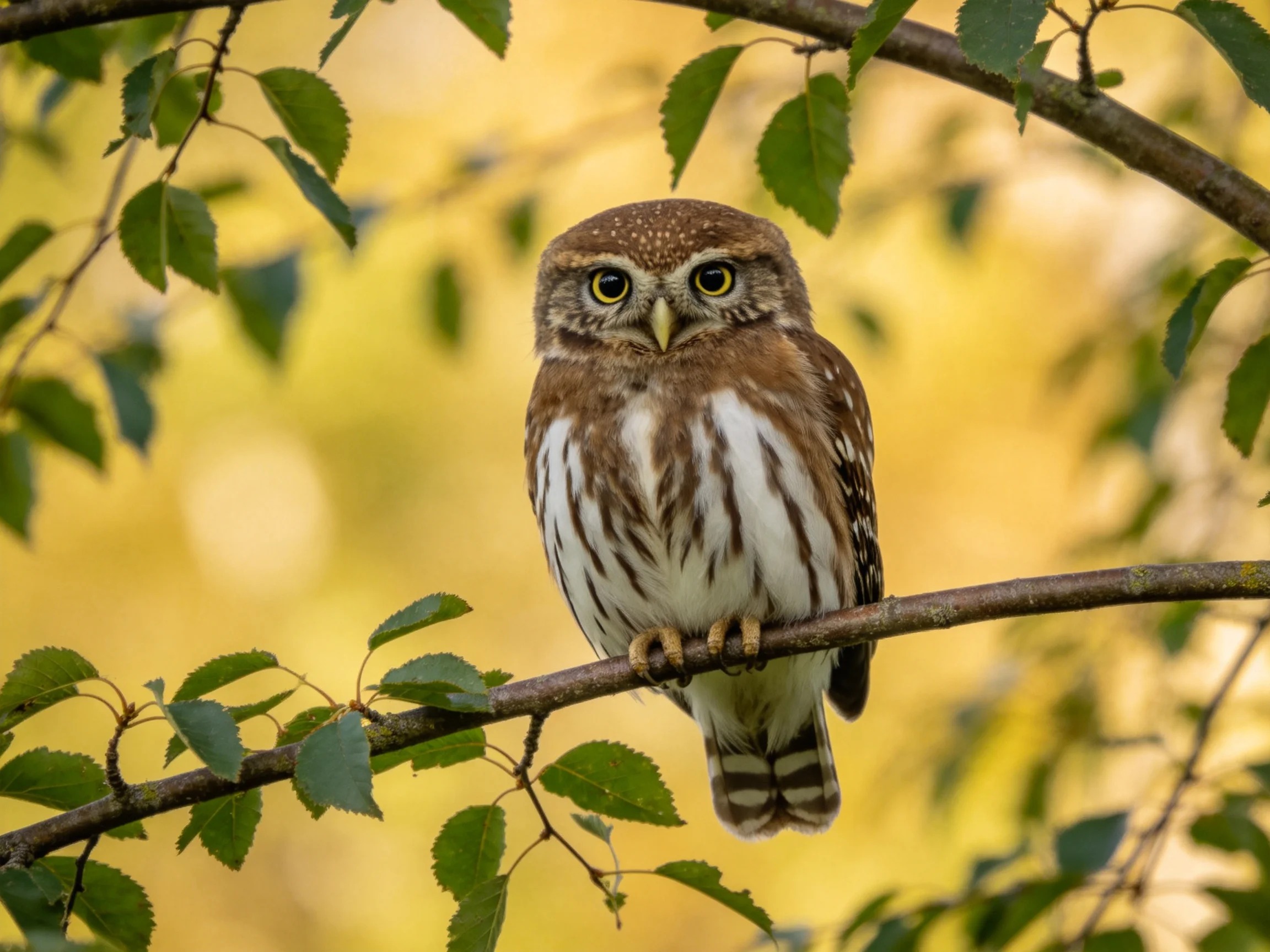 Brown and white owl perched on tree branch amid green foliage