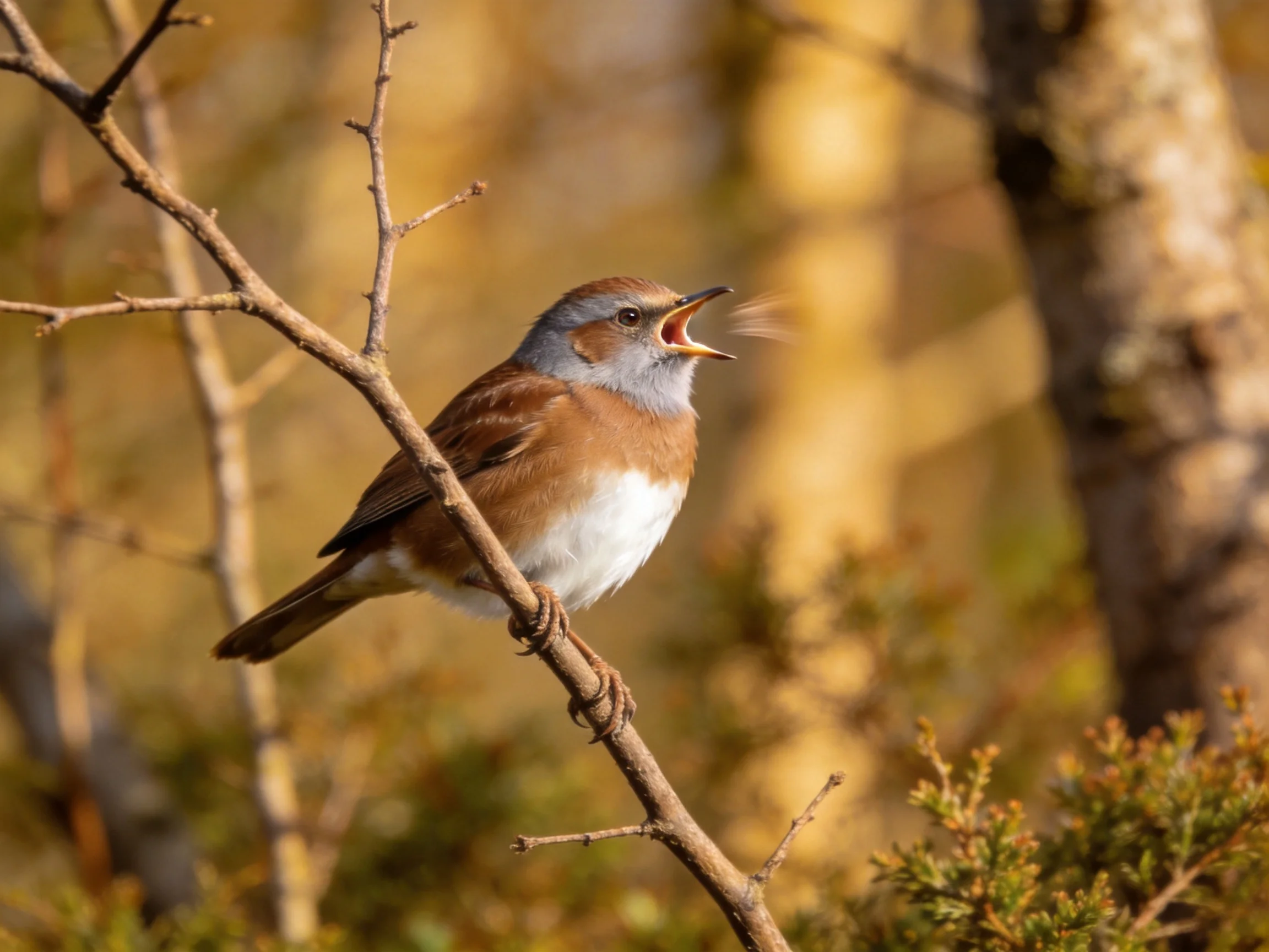 Brown and white songbird perched on a thin tree branch