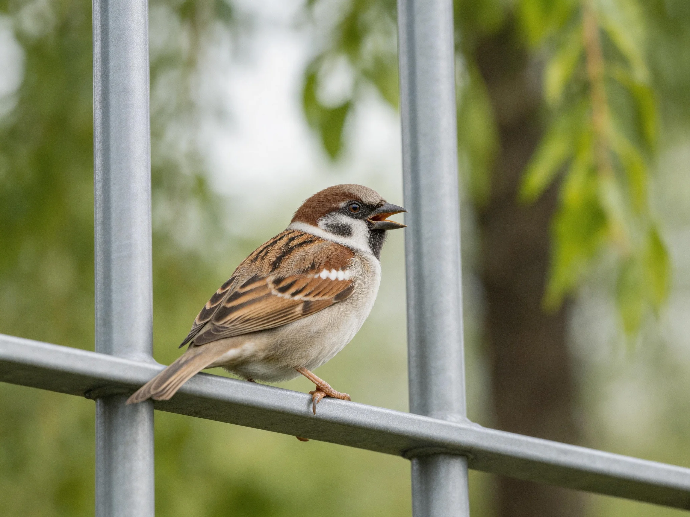 Brown and white sparrow on metallic fence near greenery