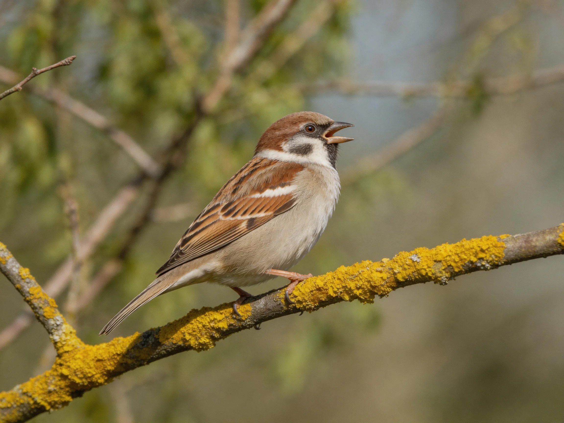 Brown and white sparrow perched on a yellow lichen-covered branch