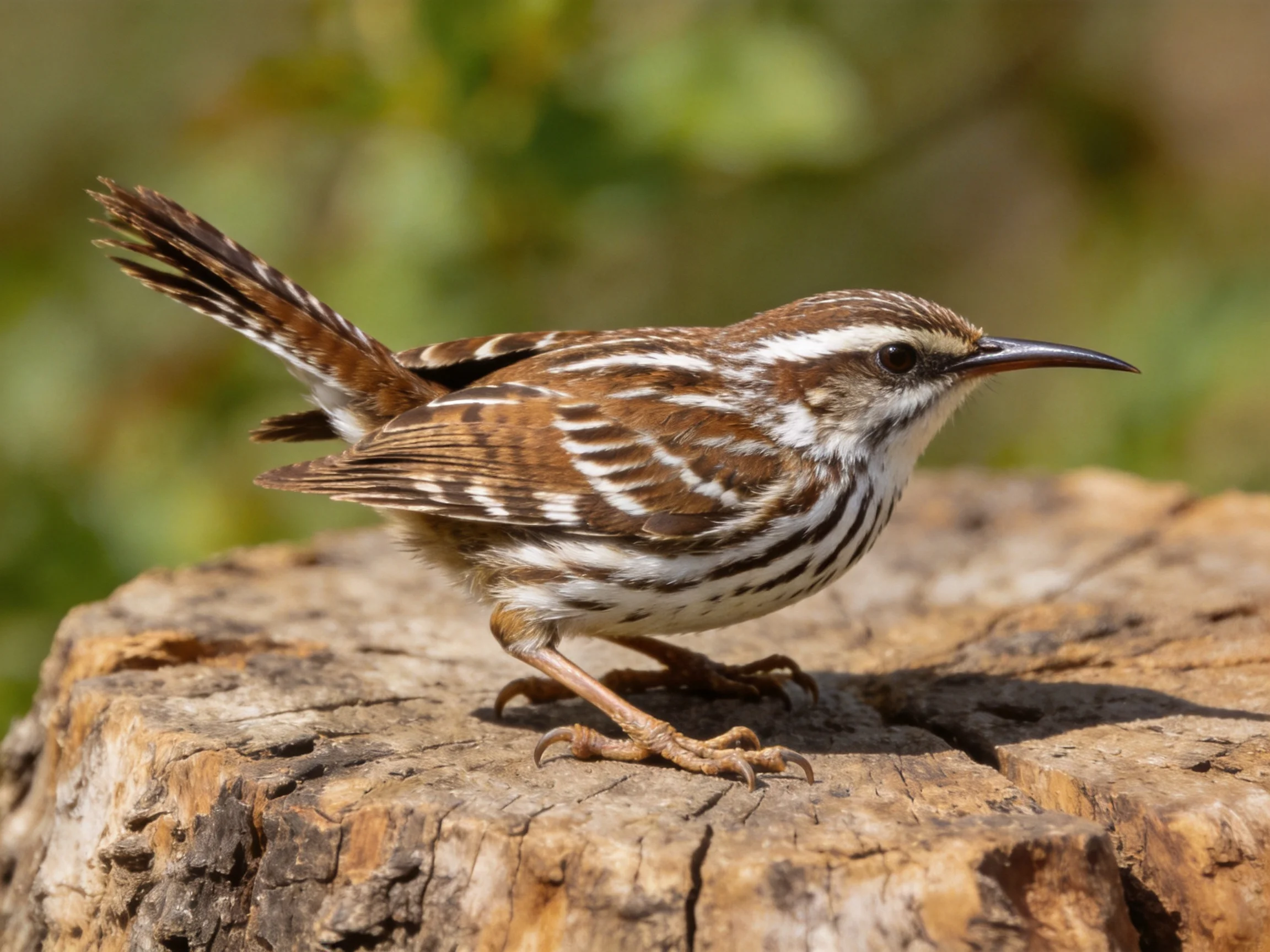 Brown-and-white striped wren perched on old wooden stump