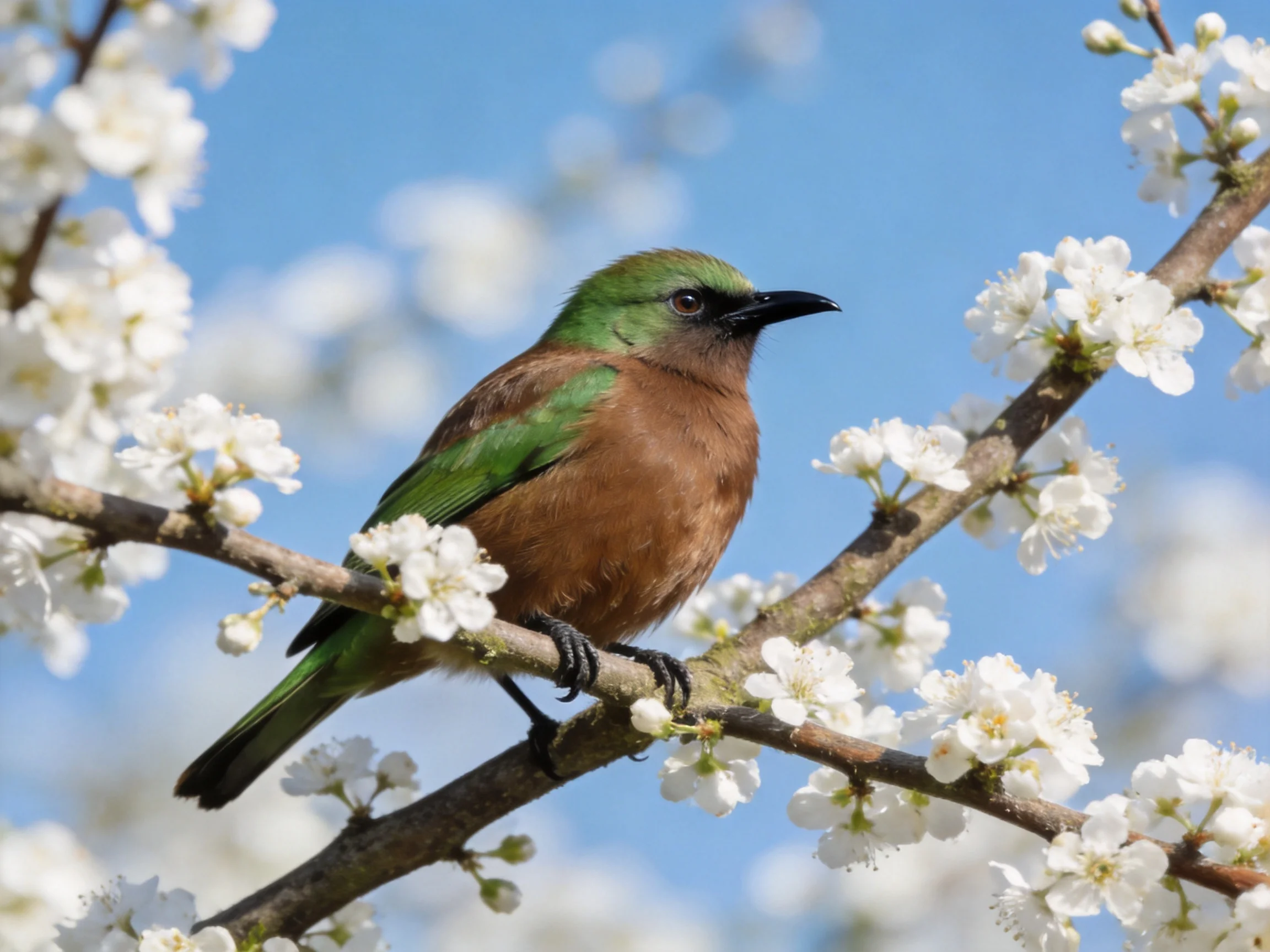 Brown-bellied Green-headed Bird Among White Blossoms