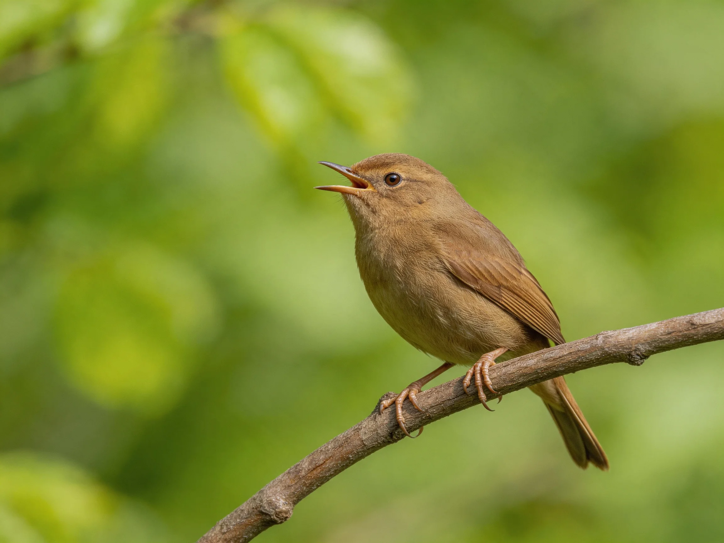 Brown bird perched on a thin branch with green foliage