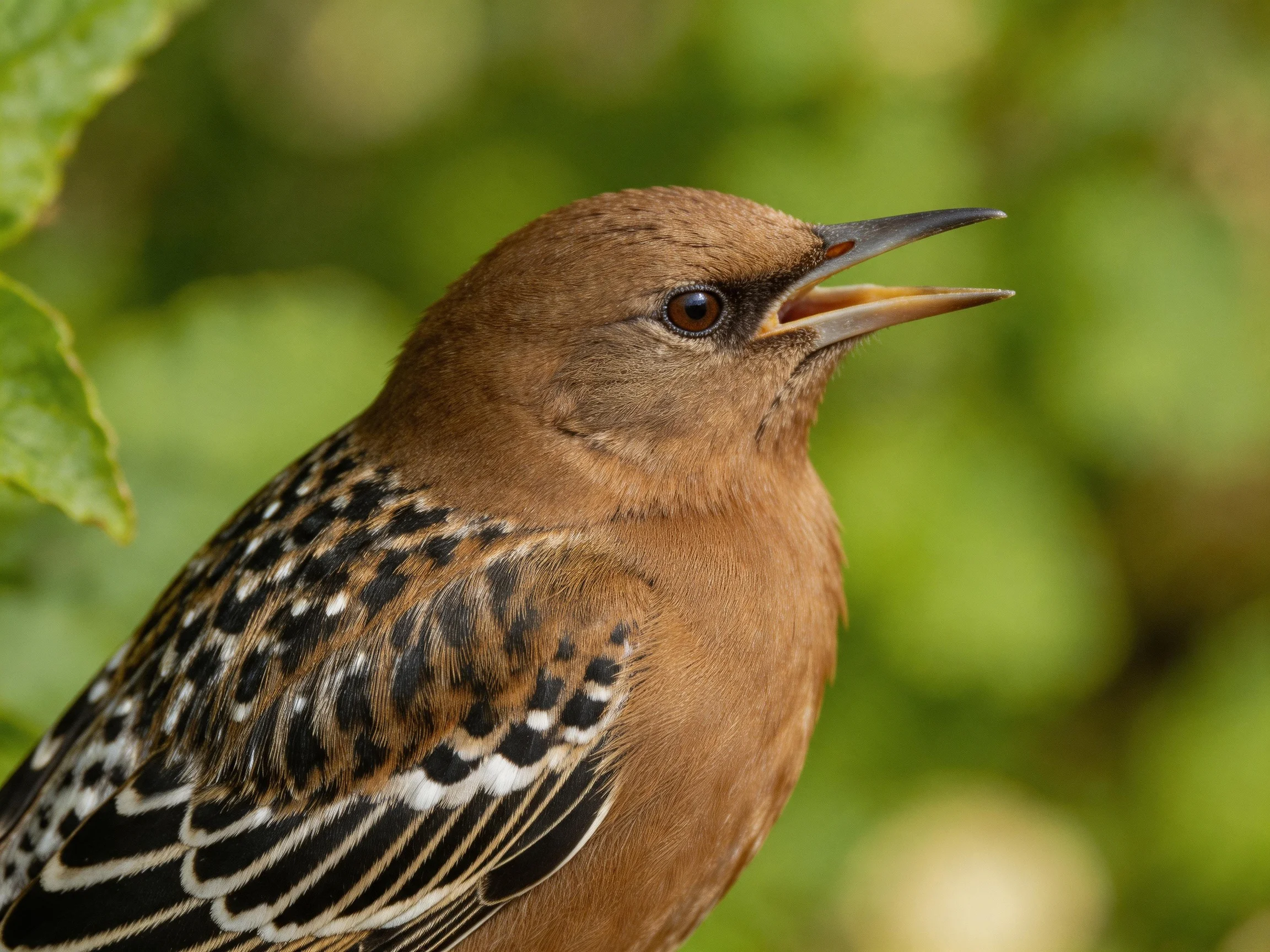 A brown bird with distinctive wing markings rests beside green foliage.