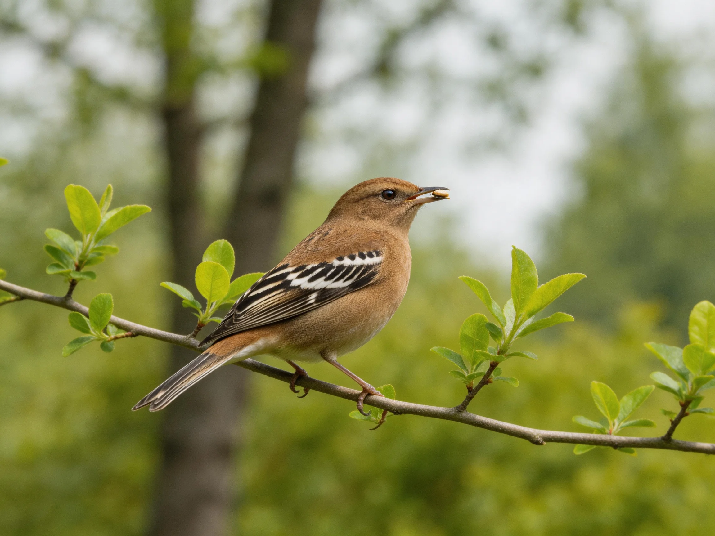 A brown bird with striking wing patterns rests on a branch among greenery.