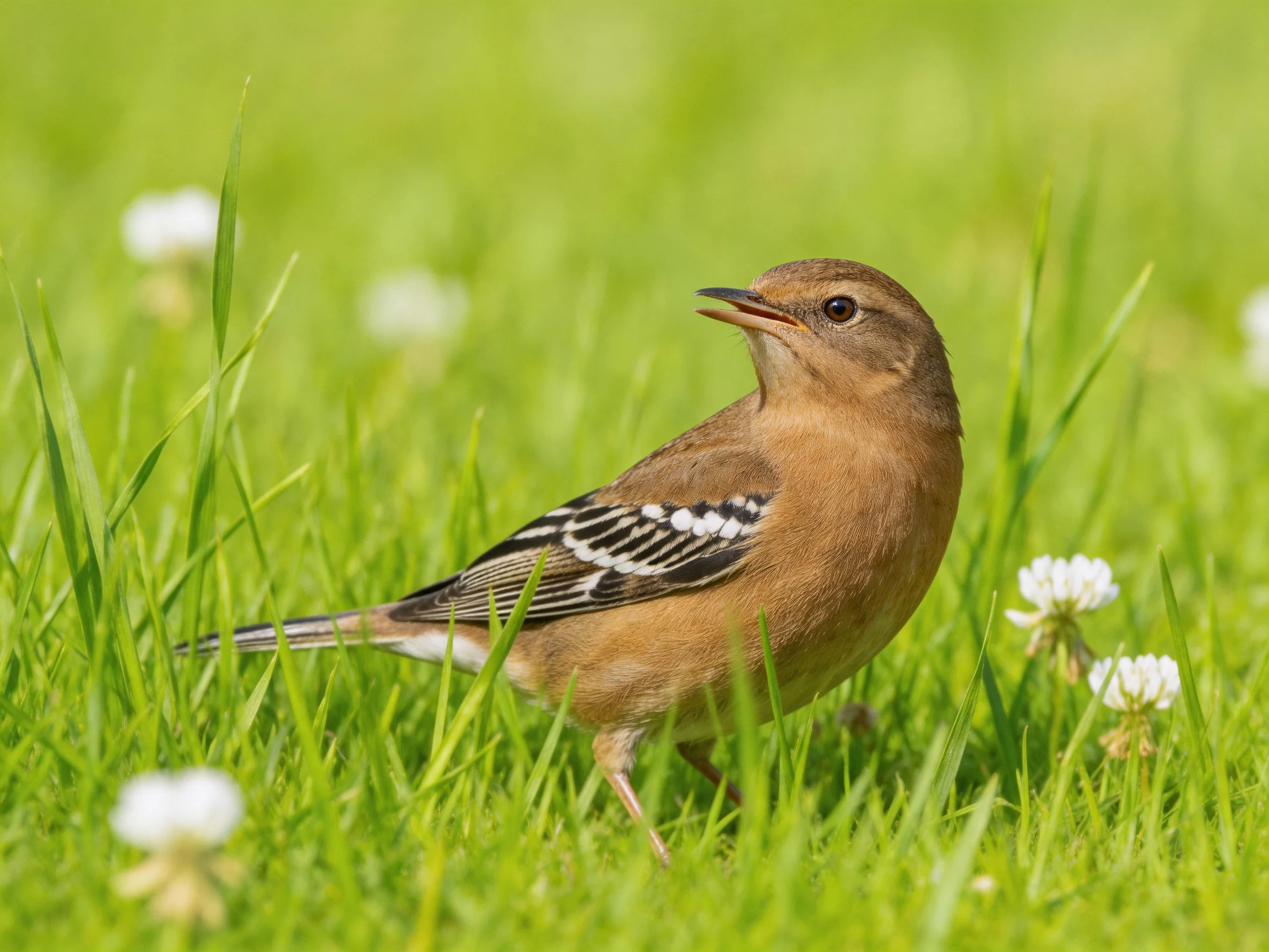 A brown bird stands among tall green grass with small white flowers.