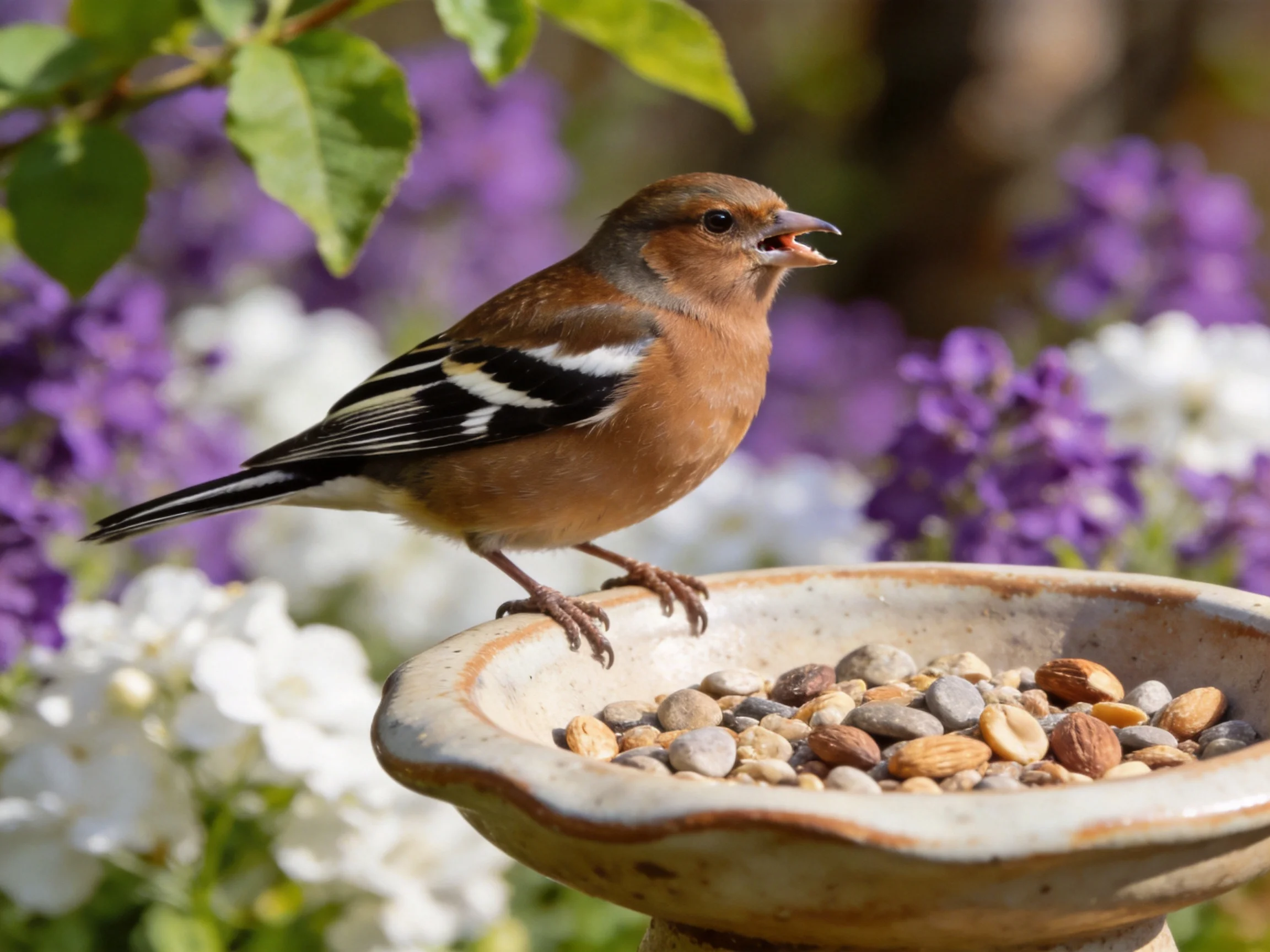 Brown bird with black-and-white wings perches on stone feeder among purple and white flowers