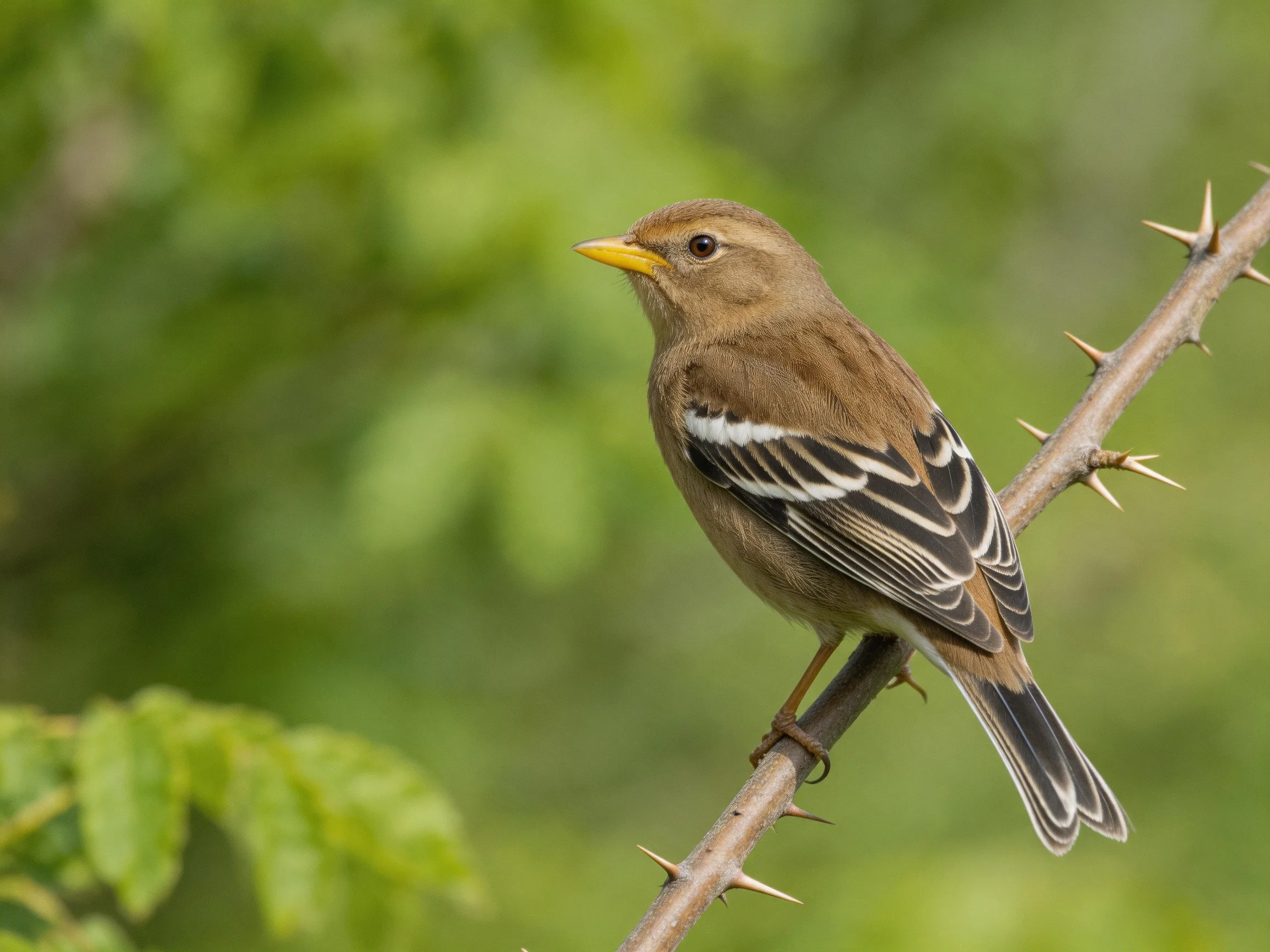 A bird with brown plumage and distinctive wing markings rests on a thorny branch among greenery.