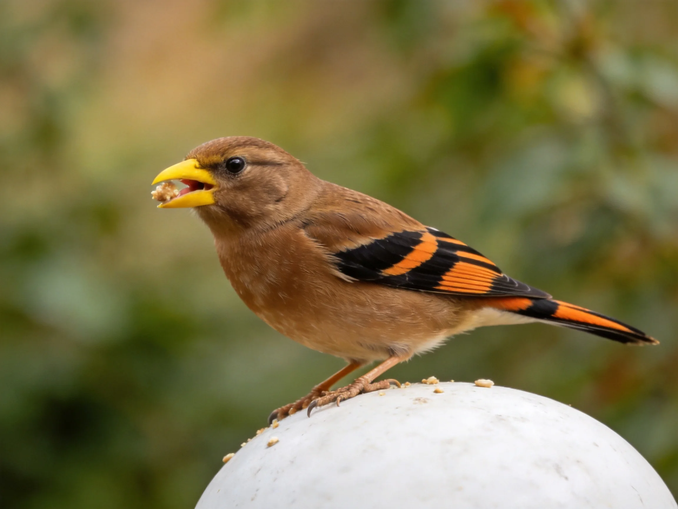 Brown bird with black-orange wing markings perches on white sphere