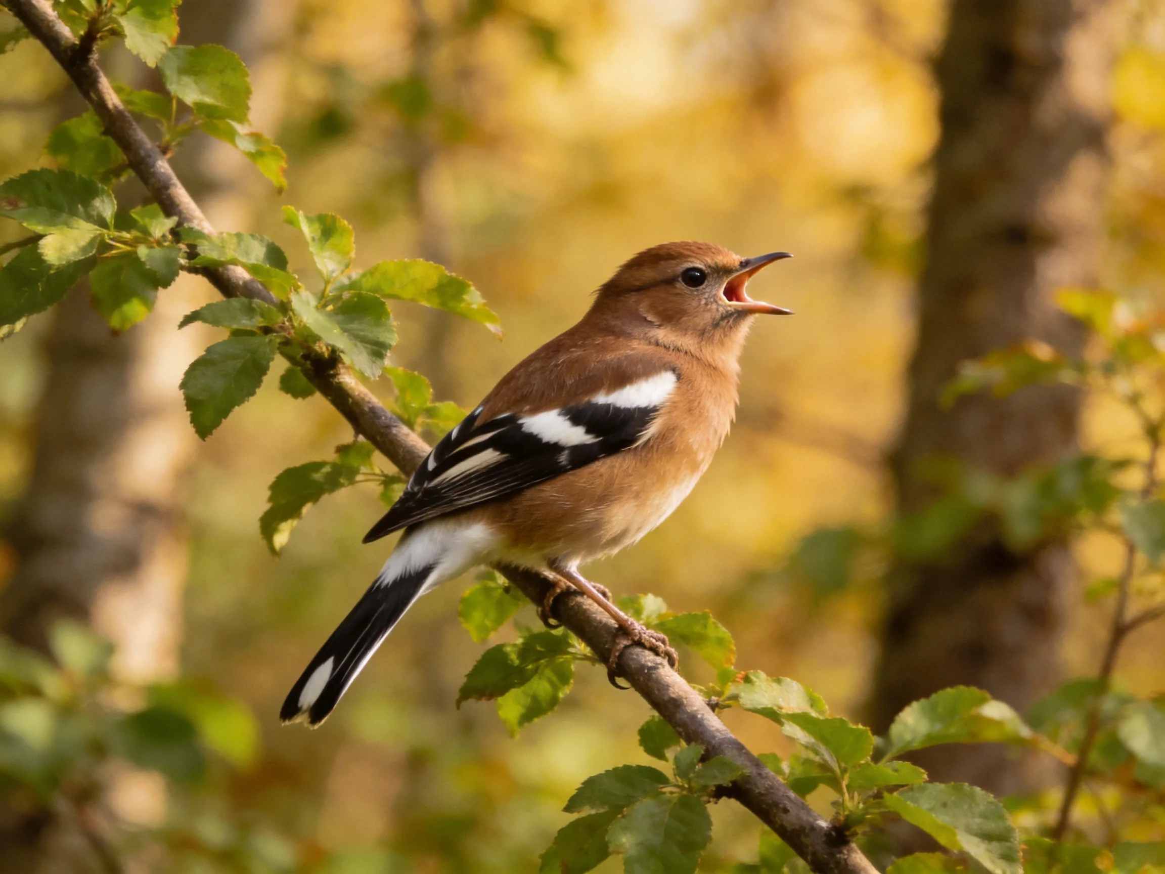 A brown bird with black and white wings rests on a leafy branch in a forest.