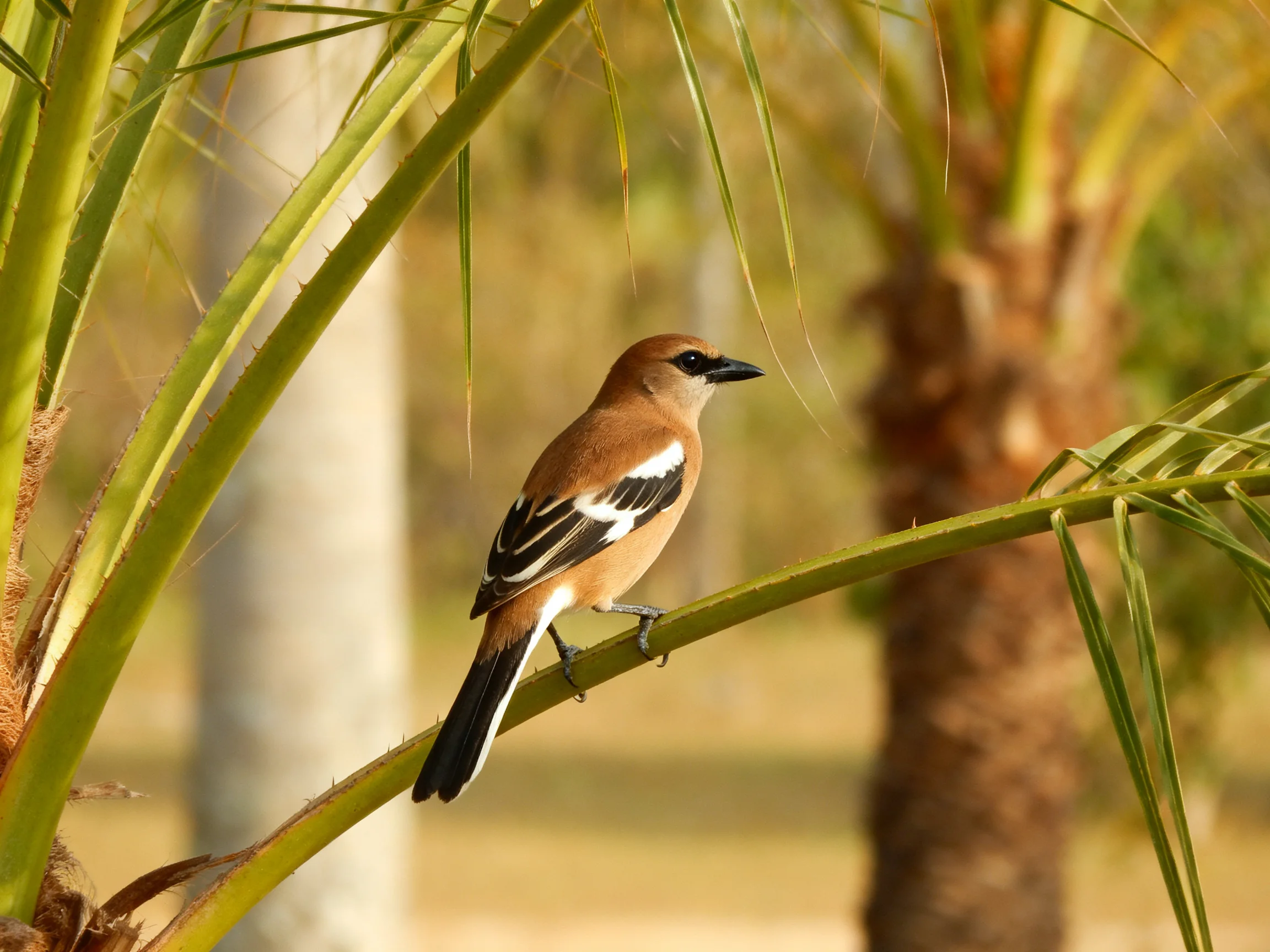 Brown bird with black wings perched on green palm frond