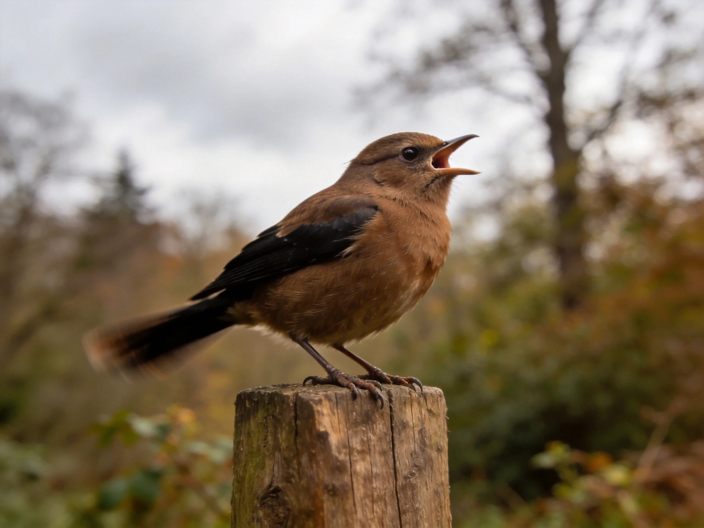 Brown bird with black wings perched on wooden post in natural setting