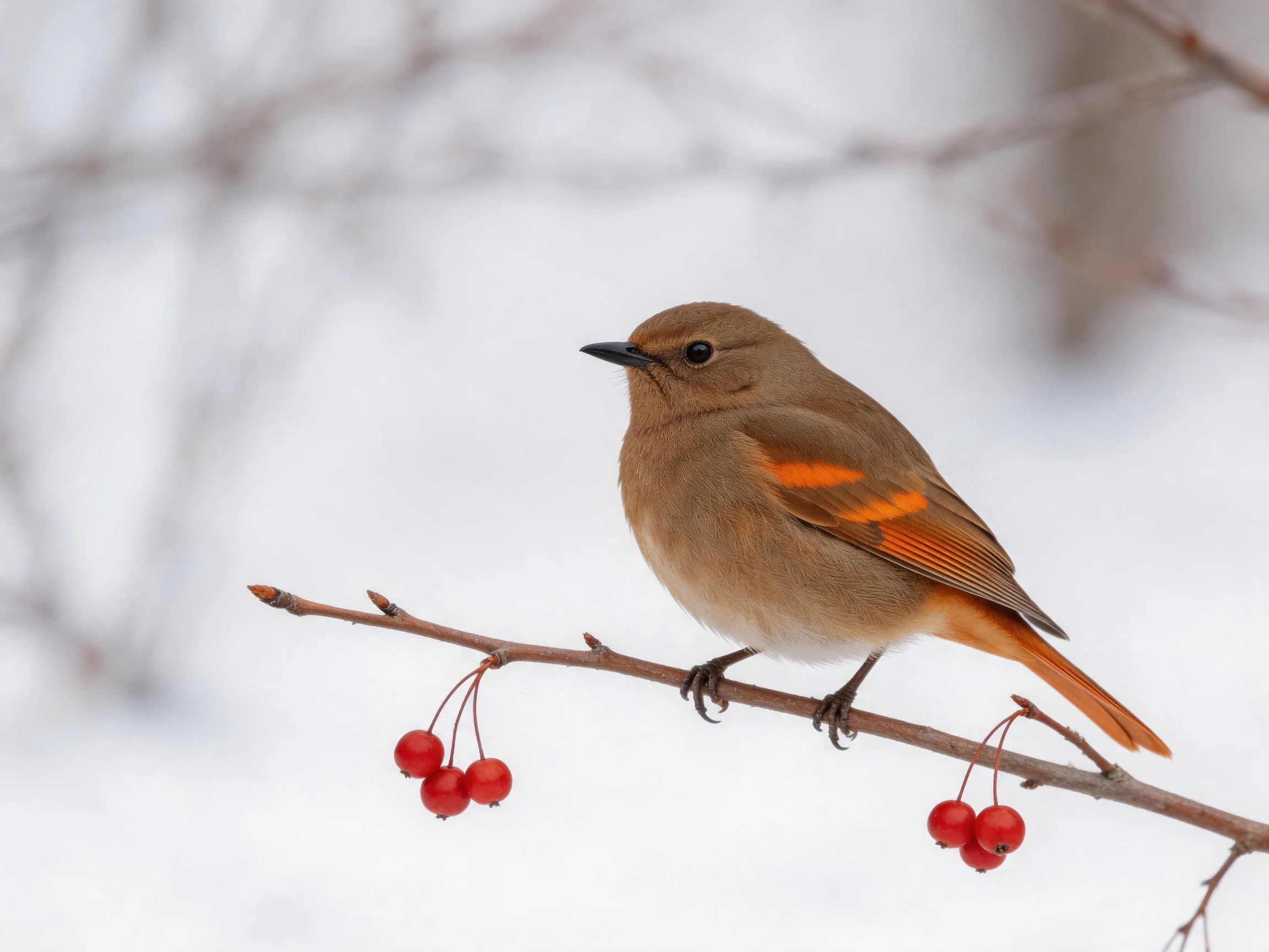 Brown bird with orange wings perches on berry branch in snow