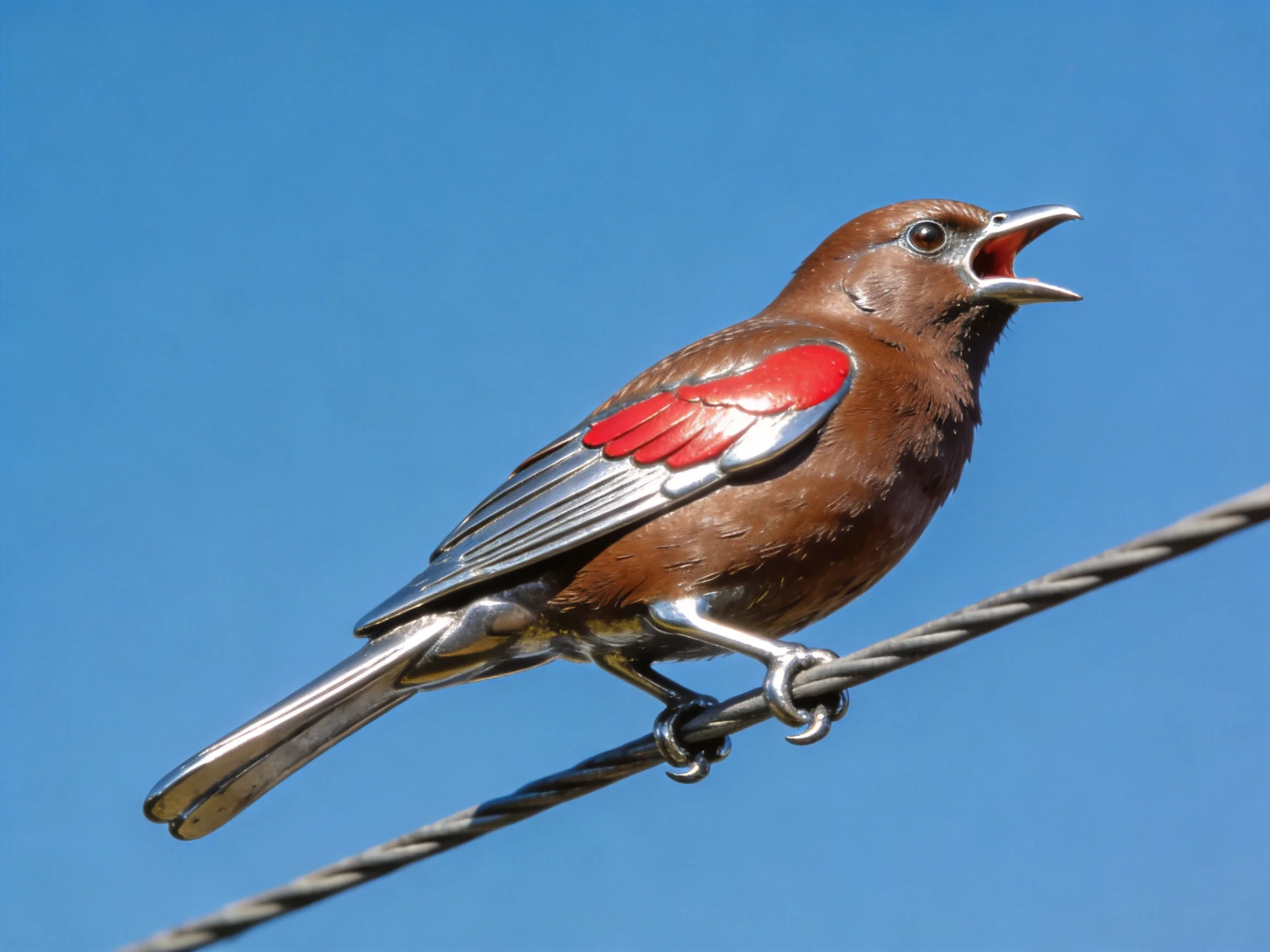 Brown bird with red and silver wing patches perched on a wire