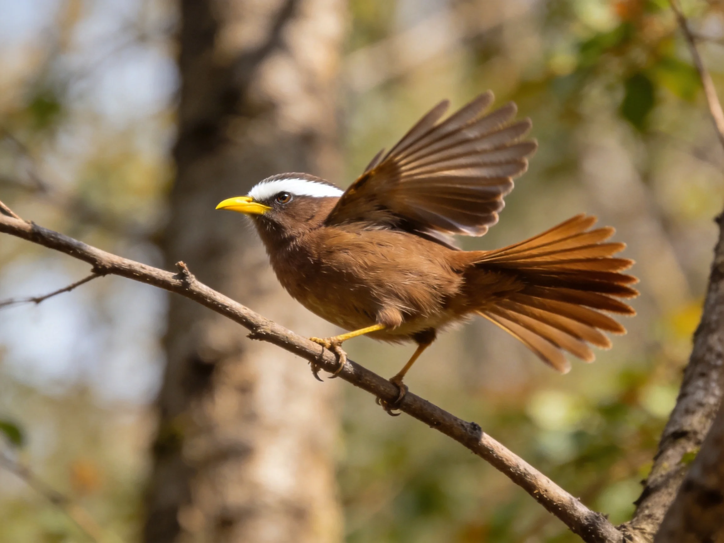 Brown bird with white stripe spreads wings on tree branch