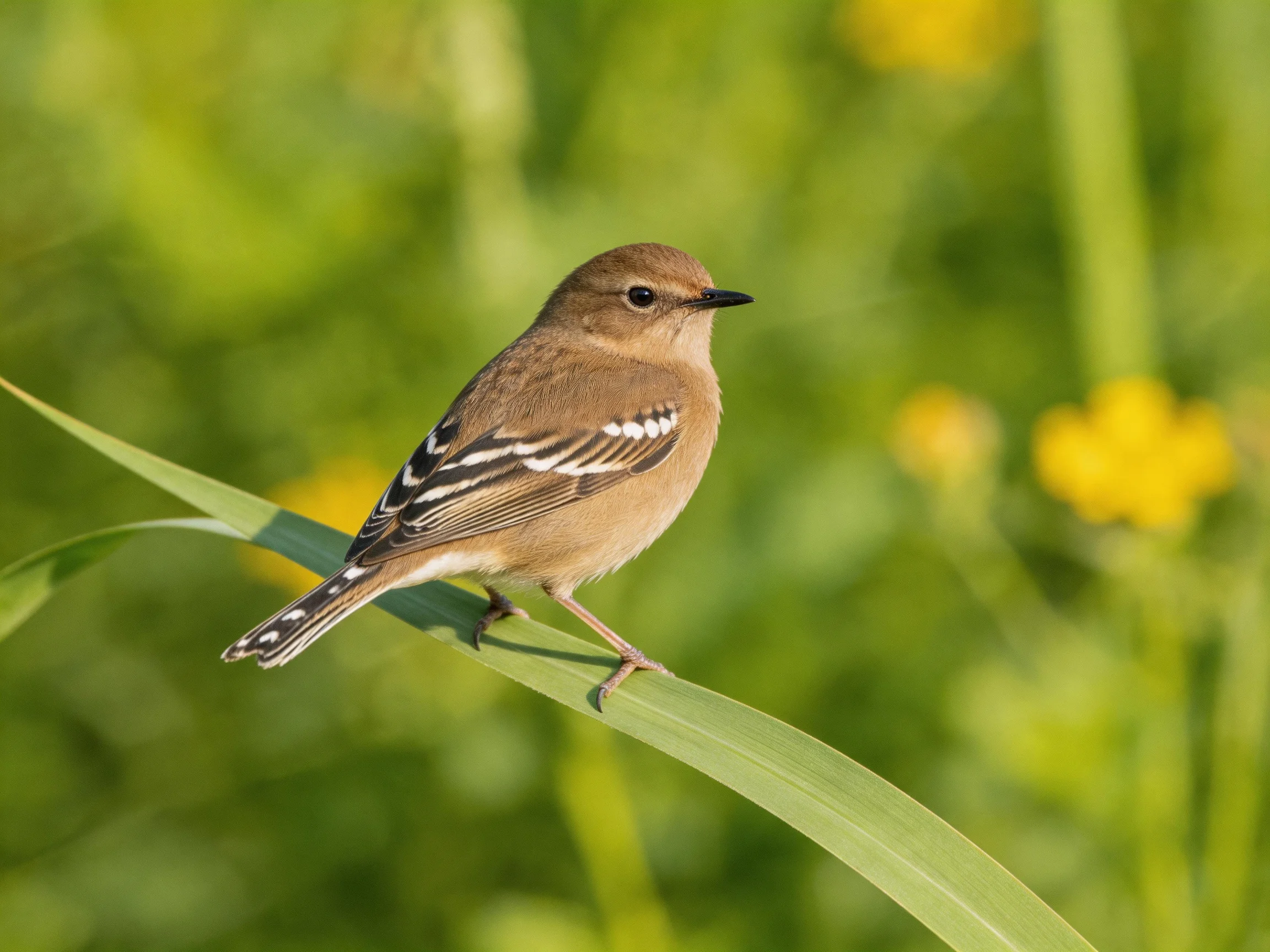 A small brown bird with white markings rests on a green leafy stem amid a blurred green-yellow backdrop.