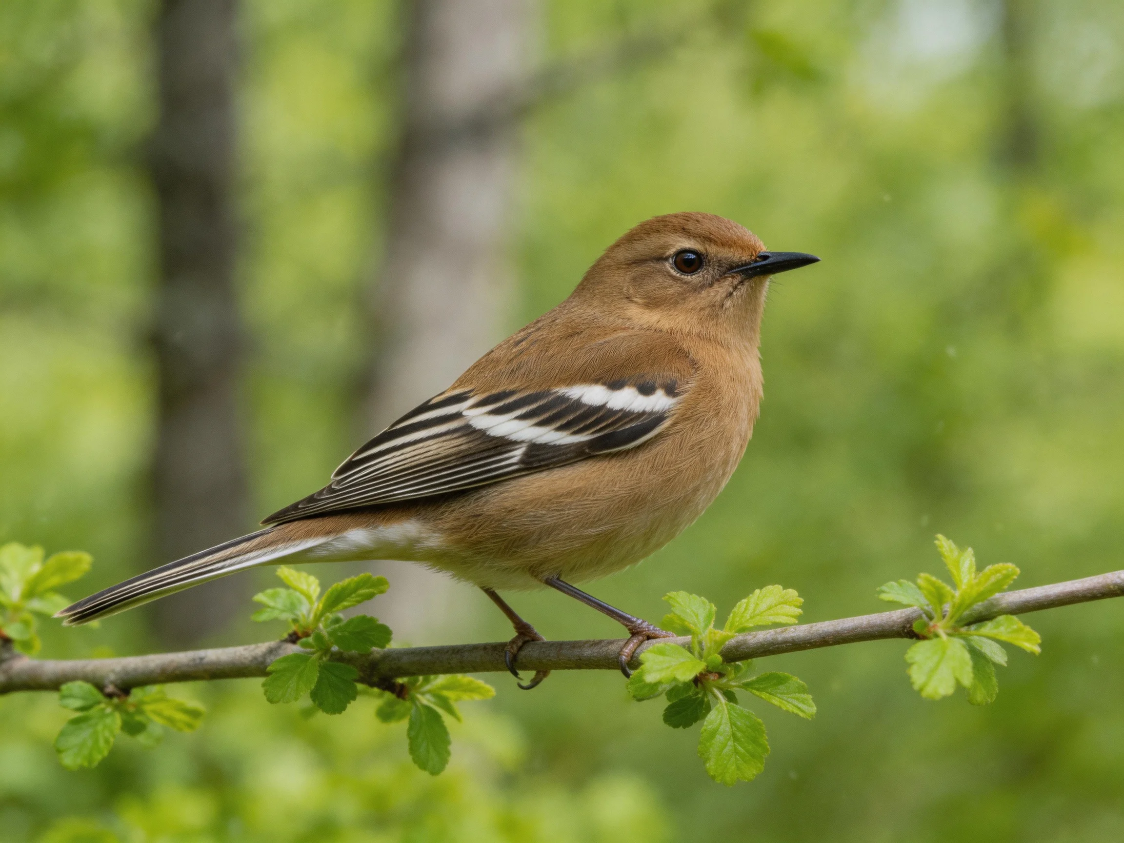 A brown bird with white-striped wings perches on a leafy branch.