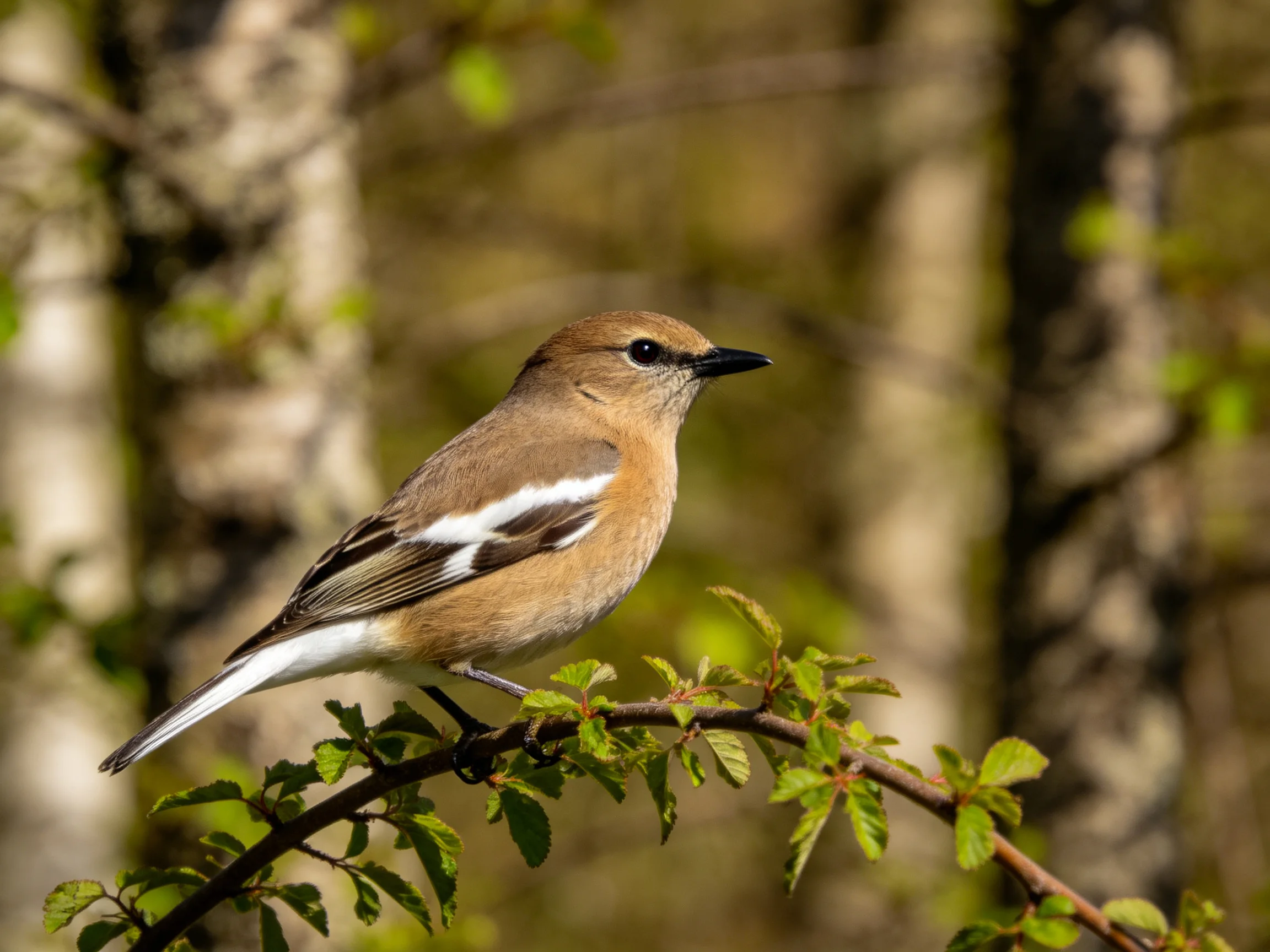 Brown bird with white wing patches perches on a leafy branch in a forest