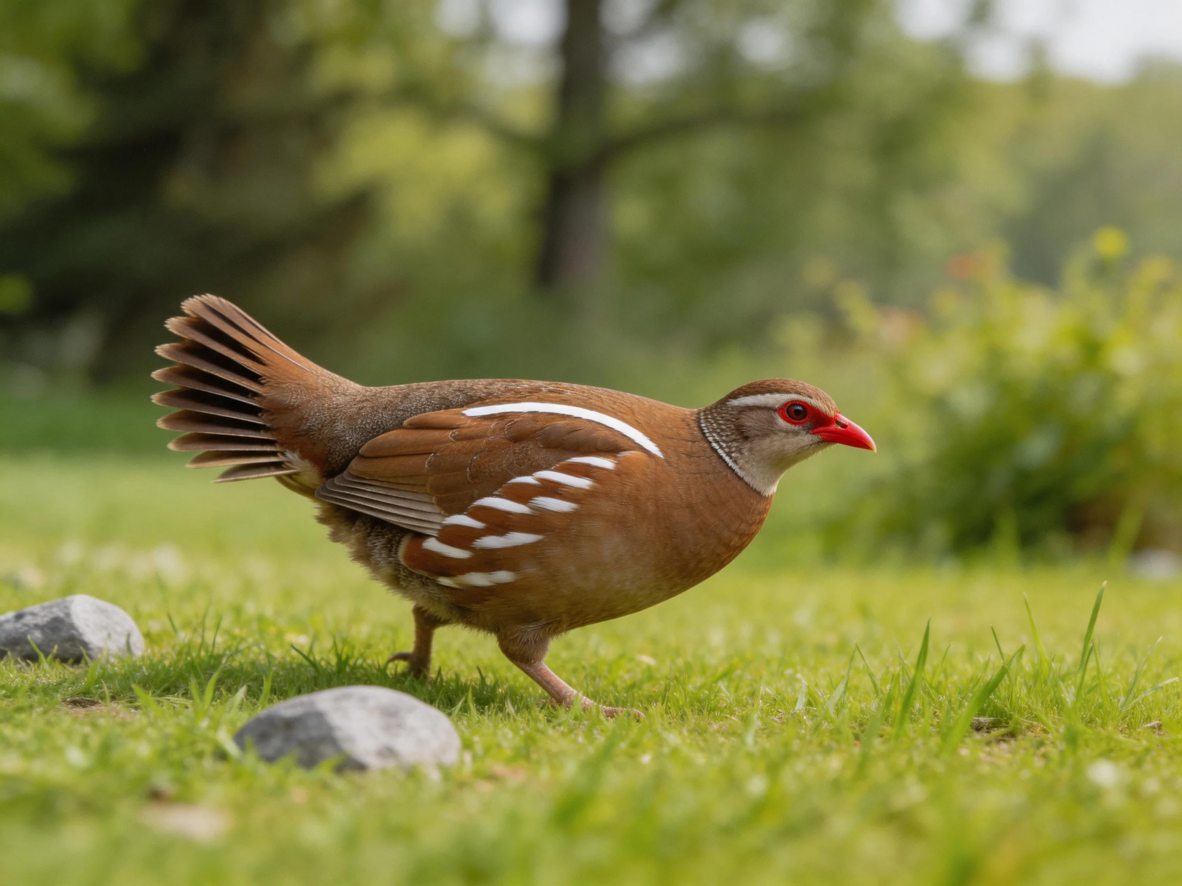 Brown bird with white wing stripes on green grass near rocks