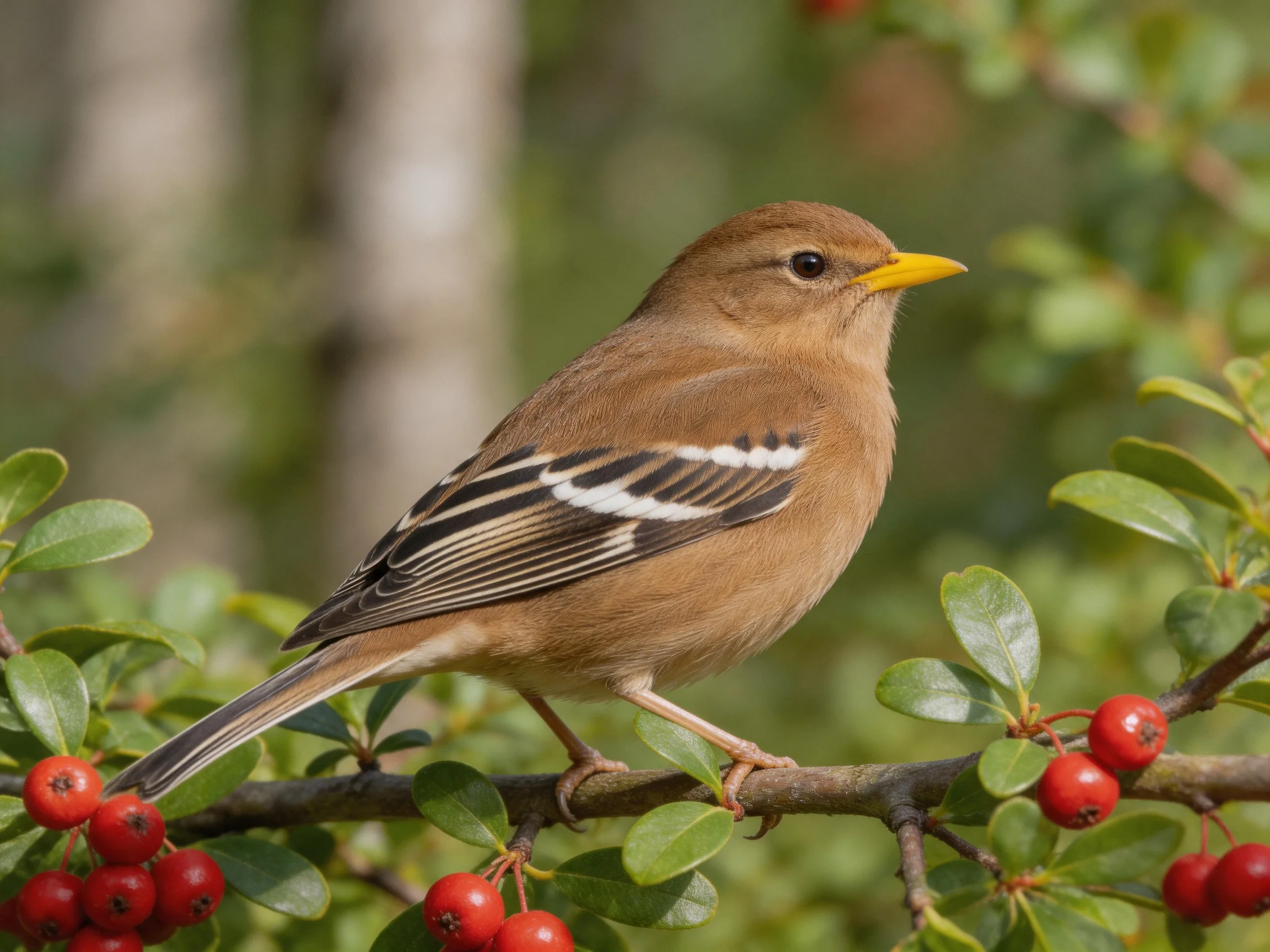 Brown bird with yellow beak perched on berry-filled branch