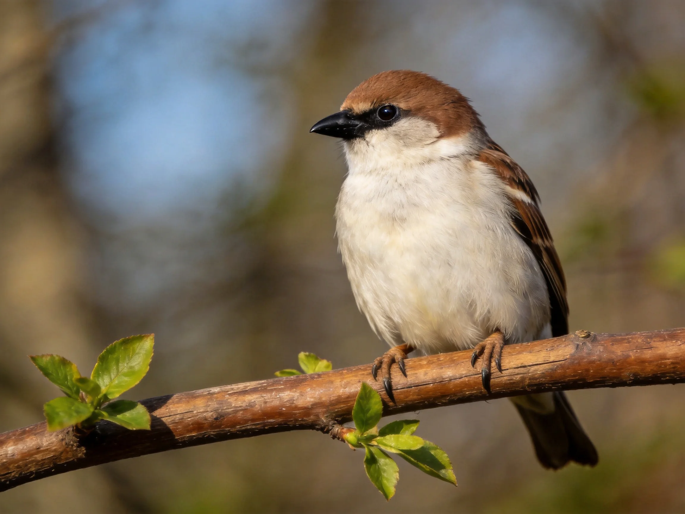 Brown-capped sparrow perched on a leafy branch
