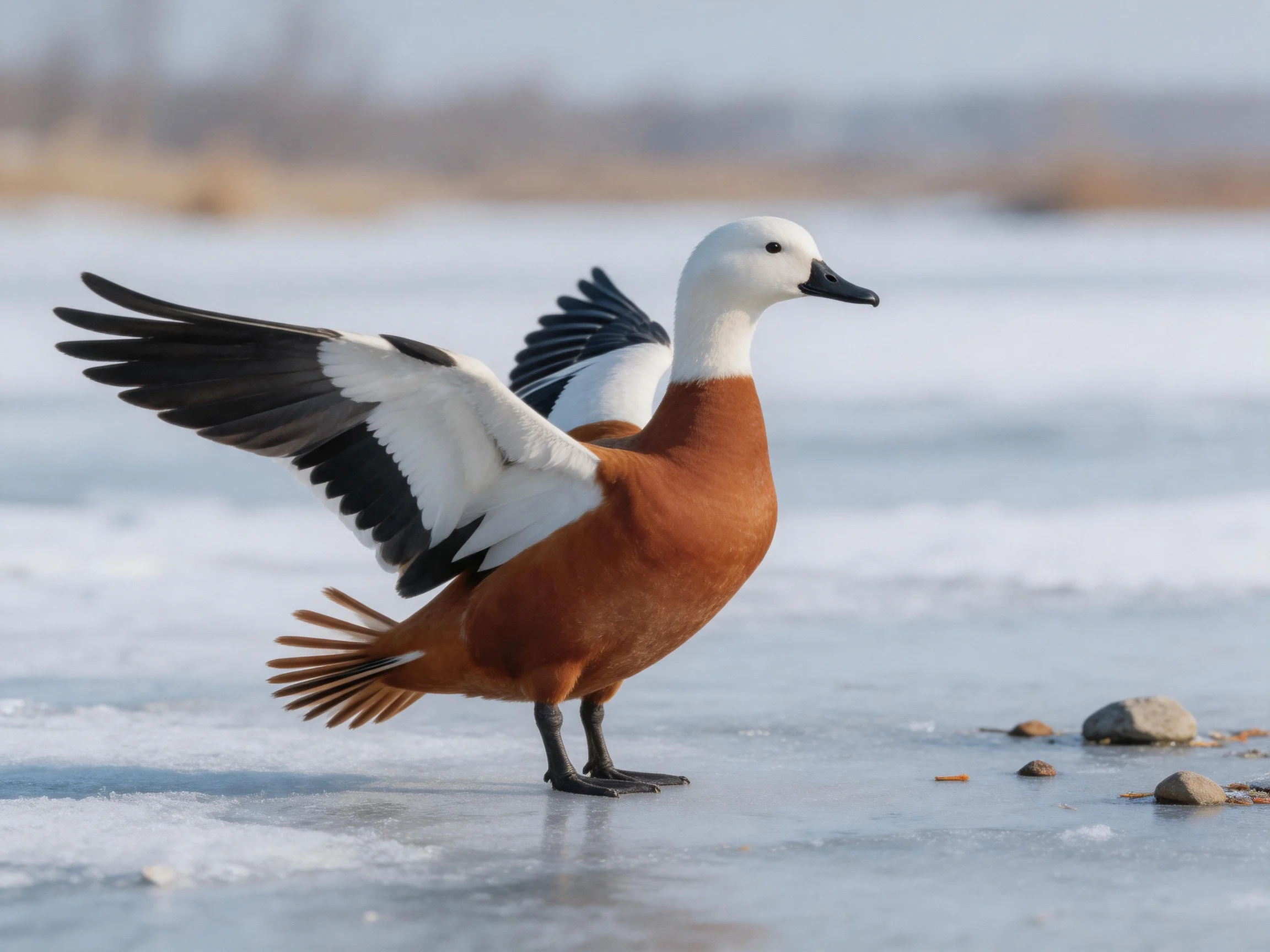 Brown-chested duck spreads black-and-white wings on icy surface