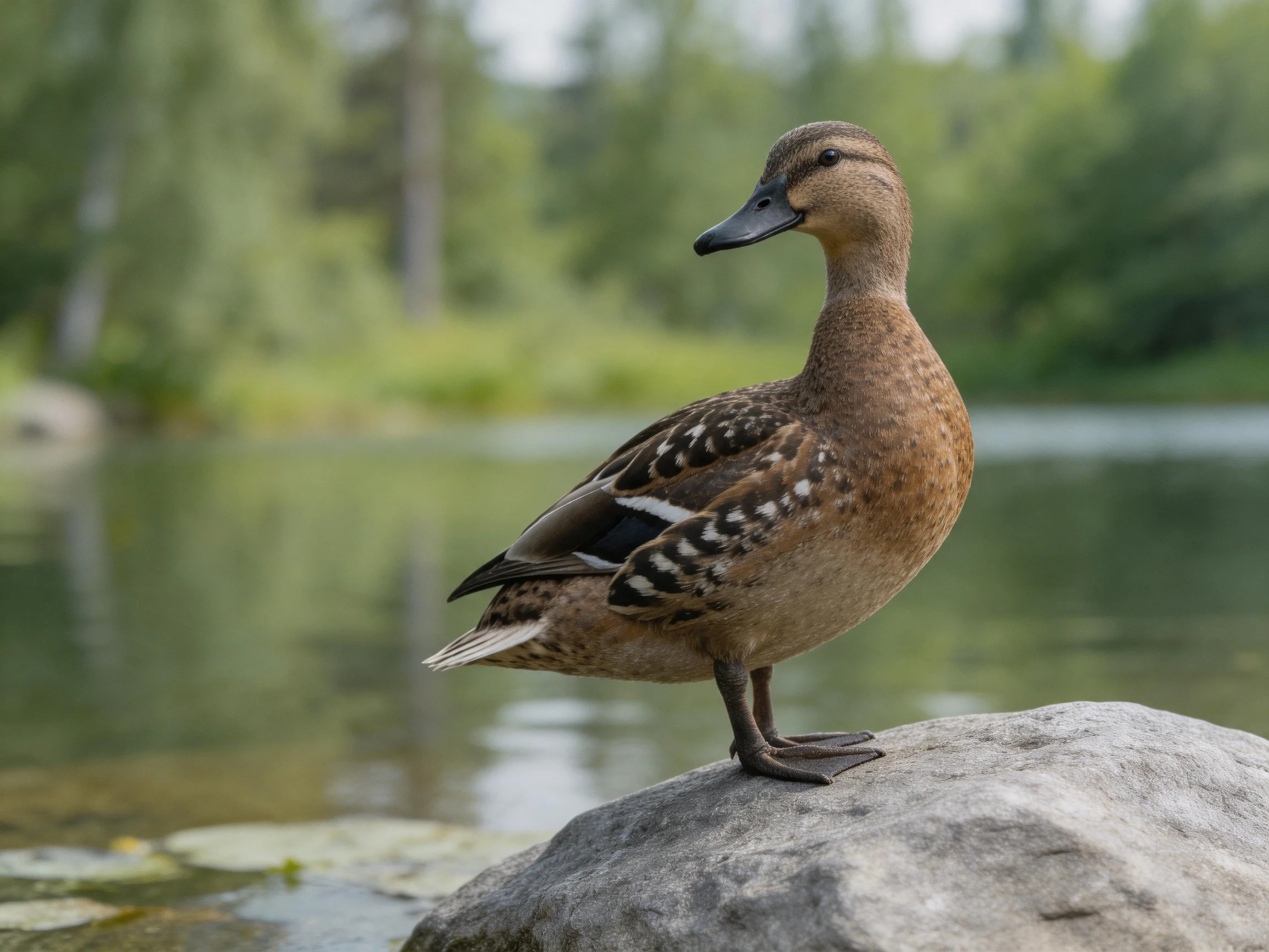 Brown duck perched on gray rock by calm water