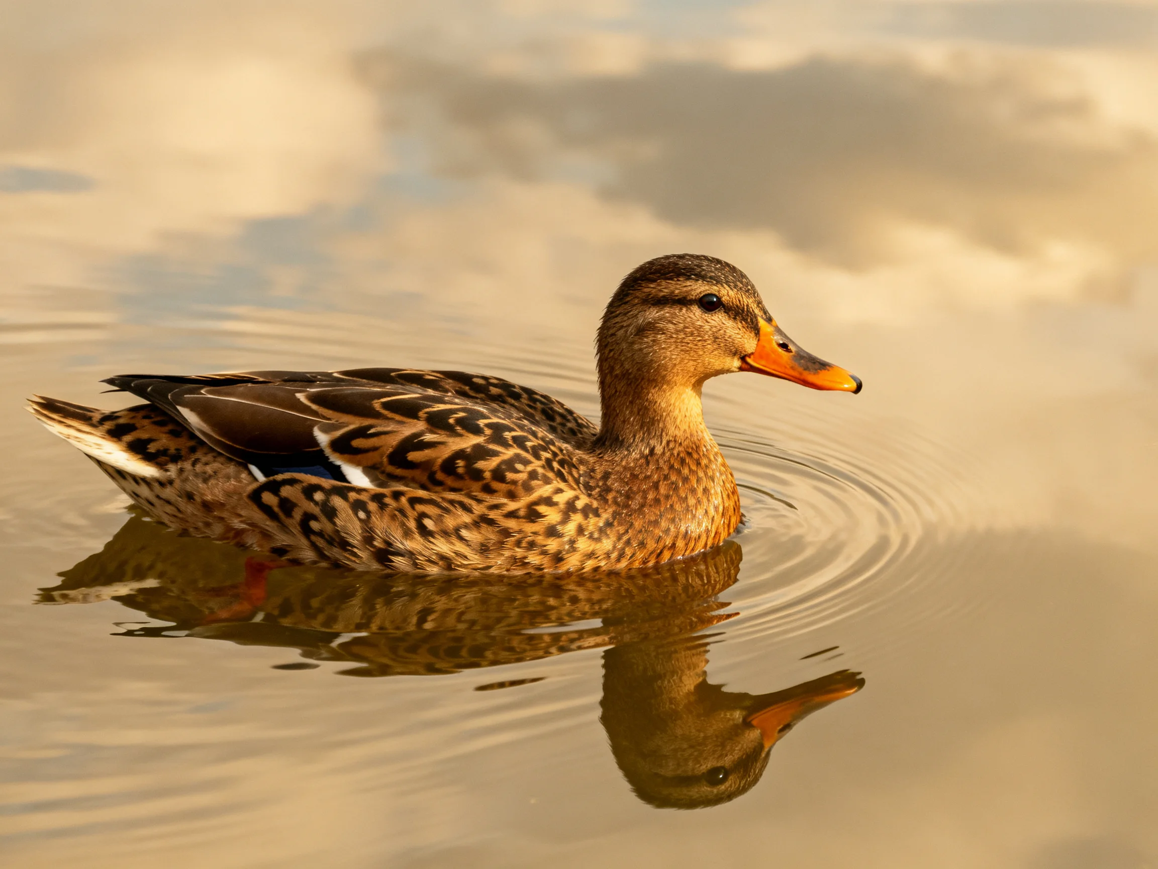 Brown duck swims in calm water with rippling reflections